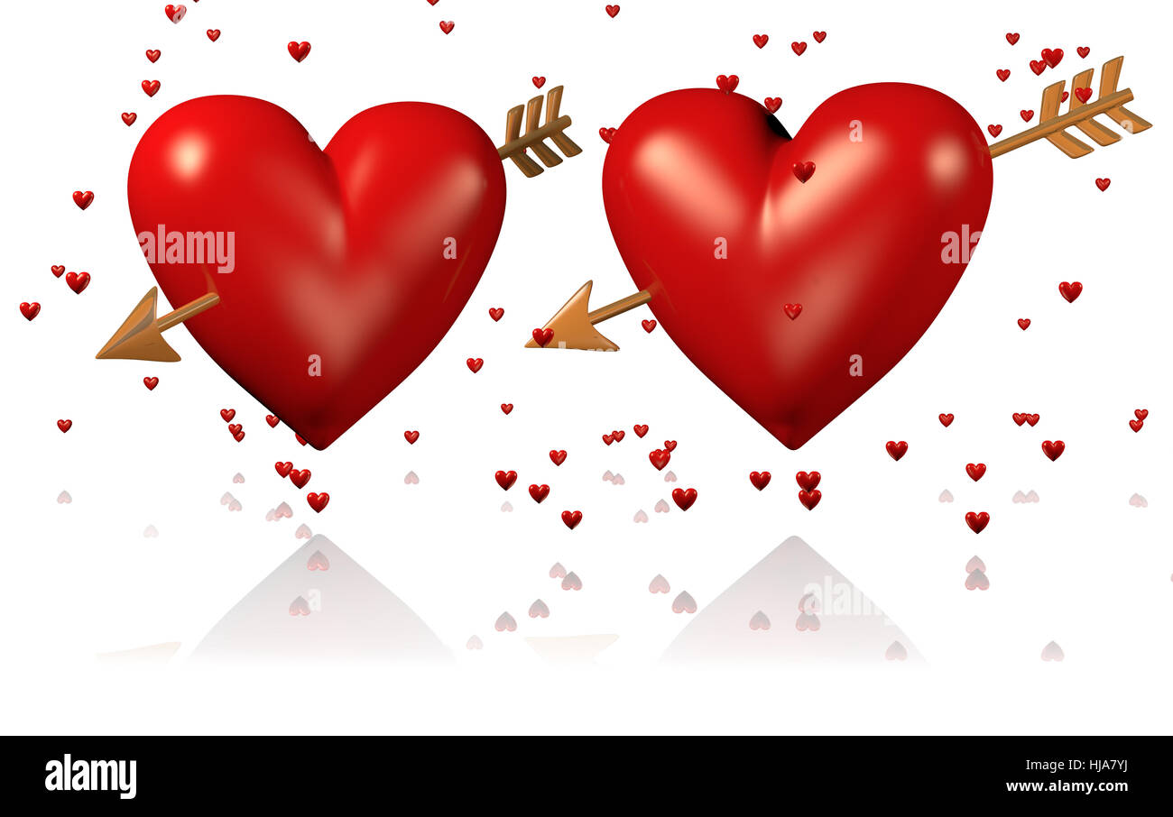 Zwei Grosse Und Rote Herzen Mit Golden Arrows Und Viele Kleine Herzen Mit Weissem Hintergrund Stockfotografie Alamy