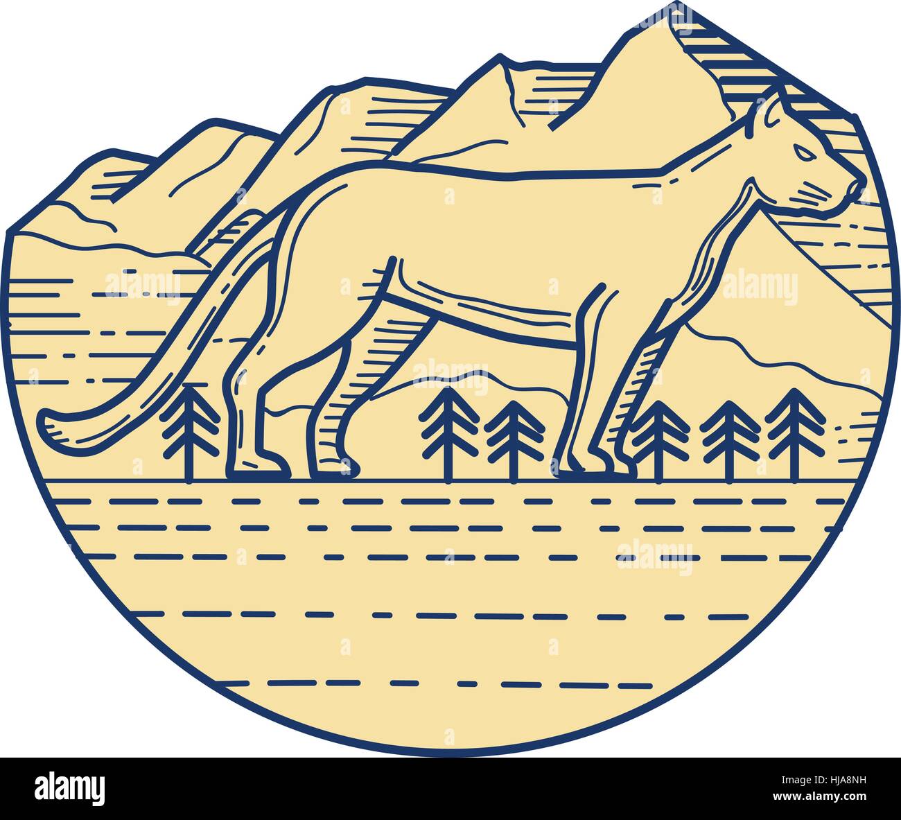 Mono-Linie Stil Abbildung von einem Cougar Mountain Lion der Seitenansicht im inneren Halbkreis mit Berg und Bäume im Hintergrund. Stock Vektor