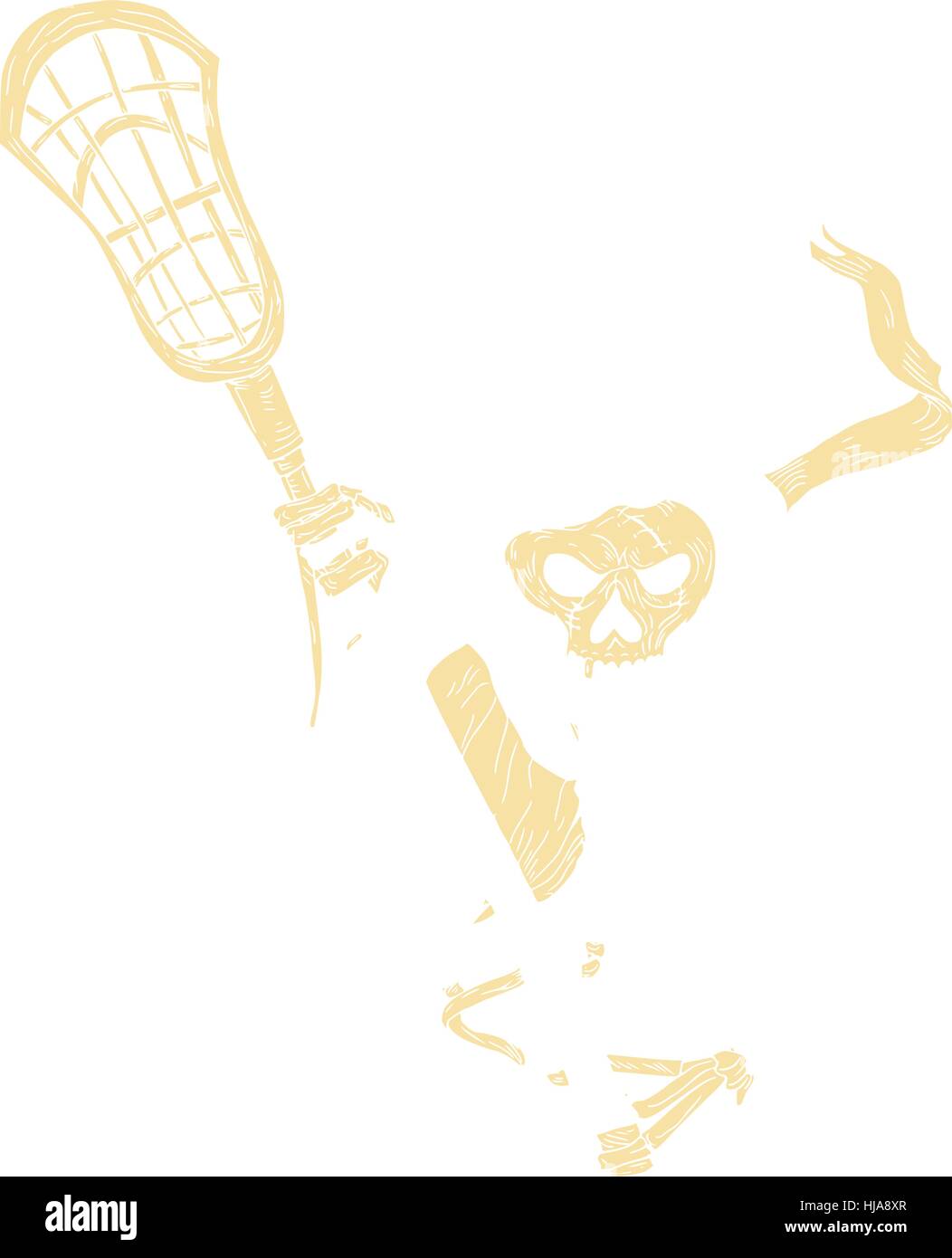 Zeichnung Skizze Stil Illustration der Sensenmann Lacrosse Spieler Crosse oder Lacrosse Stick Defense Pole gesehen von vorne auf isolierte whi Stock Vektor