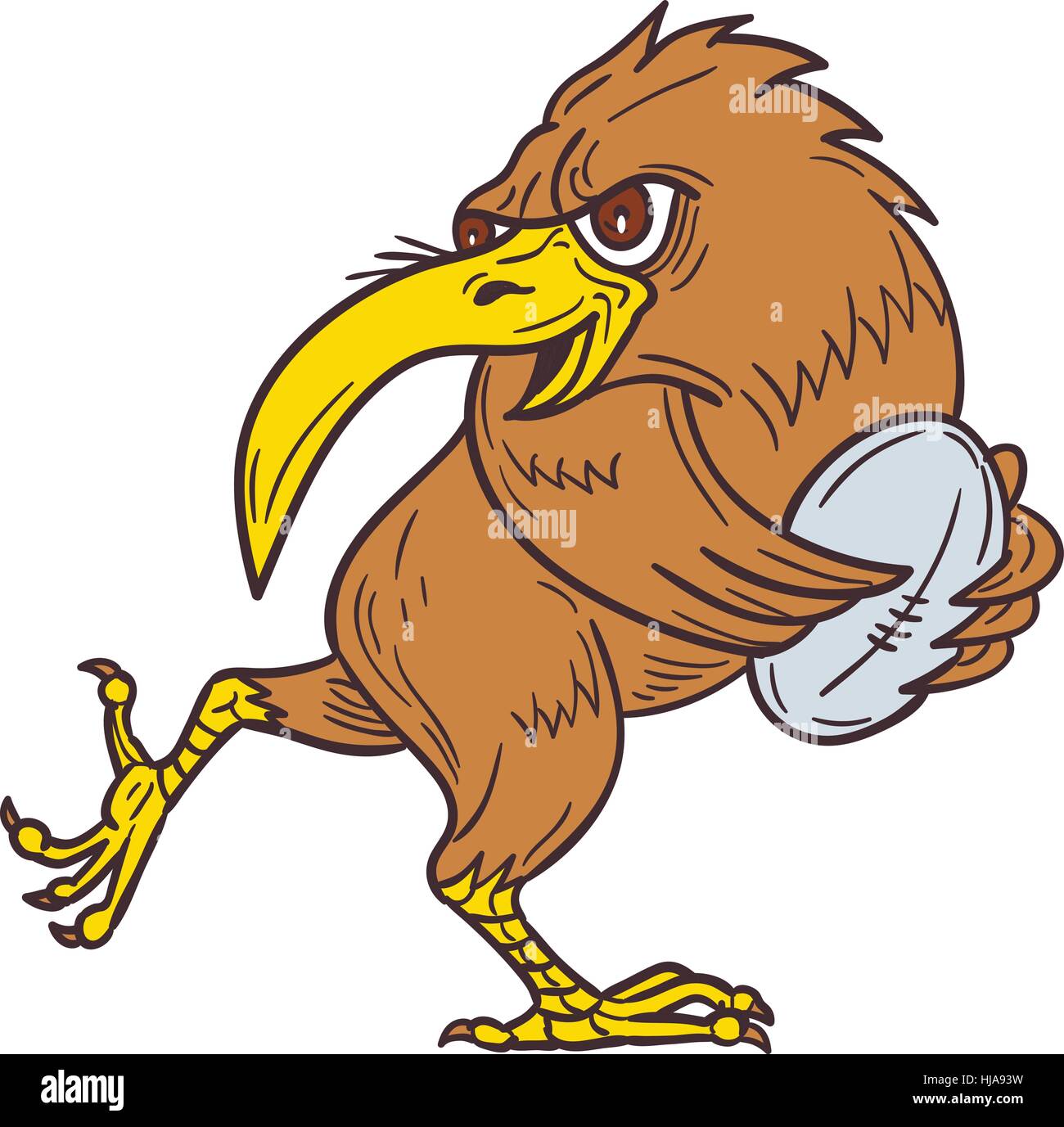 Zeichnung Skizze Stil Illustration eine Kiwi-Vogel mit Rugby-Ball von der Seite setzen auf weißem Hintergrund isoliert betrachtet. Stock Vektor