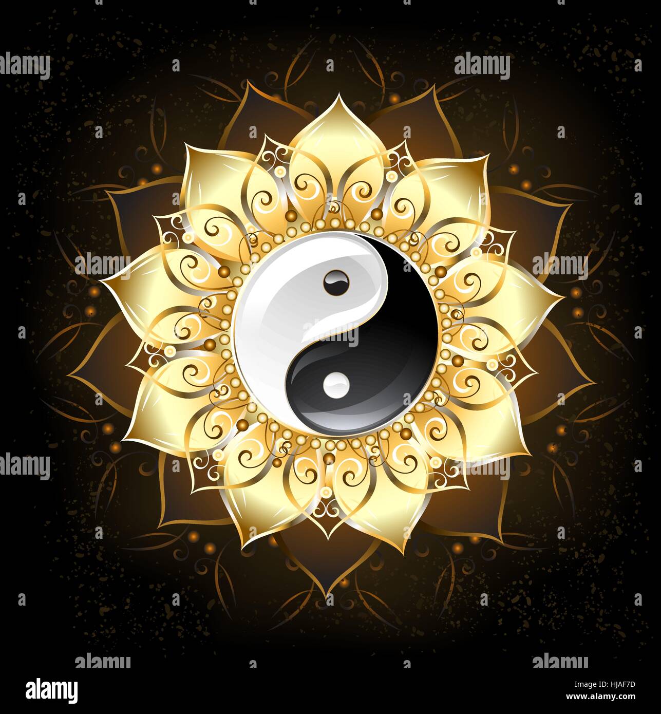 Yin-Yang-Symbol in der Mitte ein Lotus mit goldenen Blütenblättern auf einem schwarzen Hintergrund gezeichnet Stock Vektor