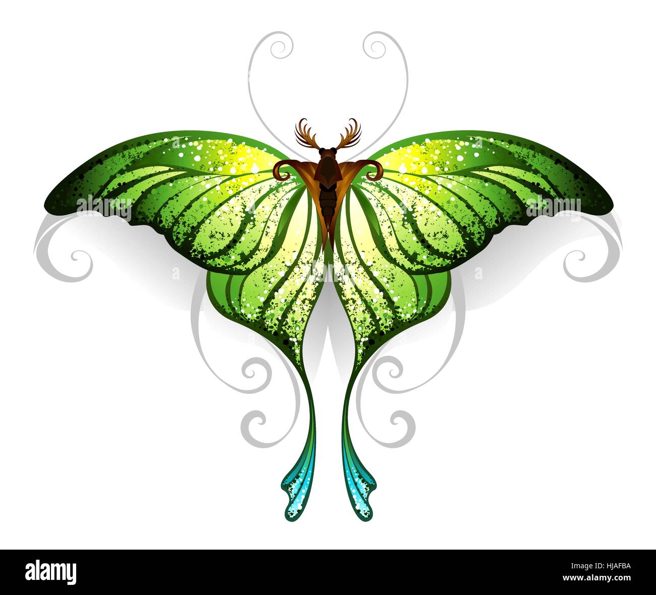 Grüne realistische exotische Schmetterling auf einem weißen Hintergrund. Tattoo-Stil. Grün. Trendige Farbe. Stock Vektor
