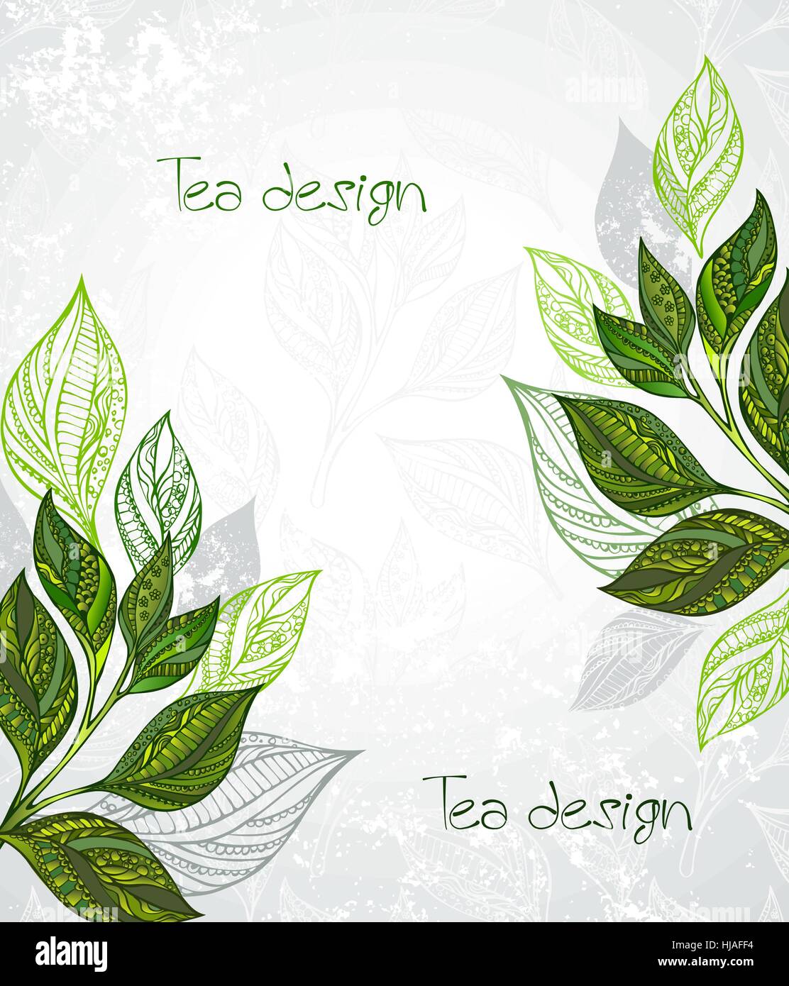 Design mit gemusterten, grüne und graue Blätter Tee auf einem grauen Hintergrund Textur. Tee-Design. Stock Vektor