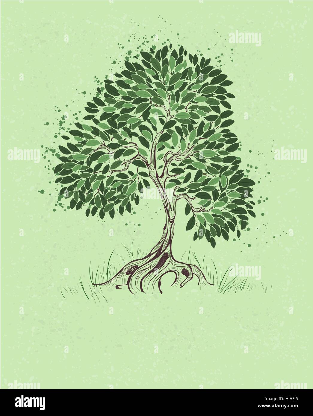 kunstvoll bemalte Baum mit grünen Blättern auf einem grünen Hintergrund Textur. Stock Vektor