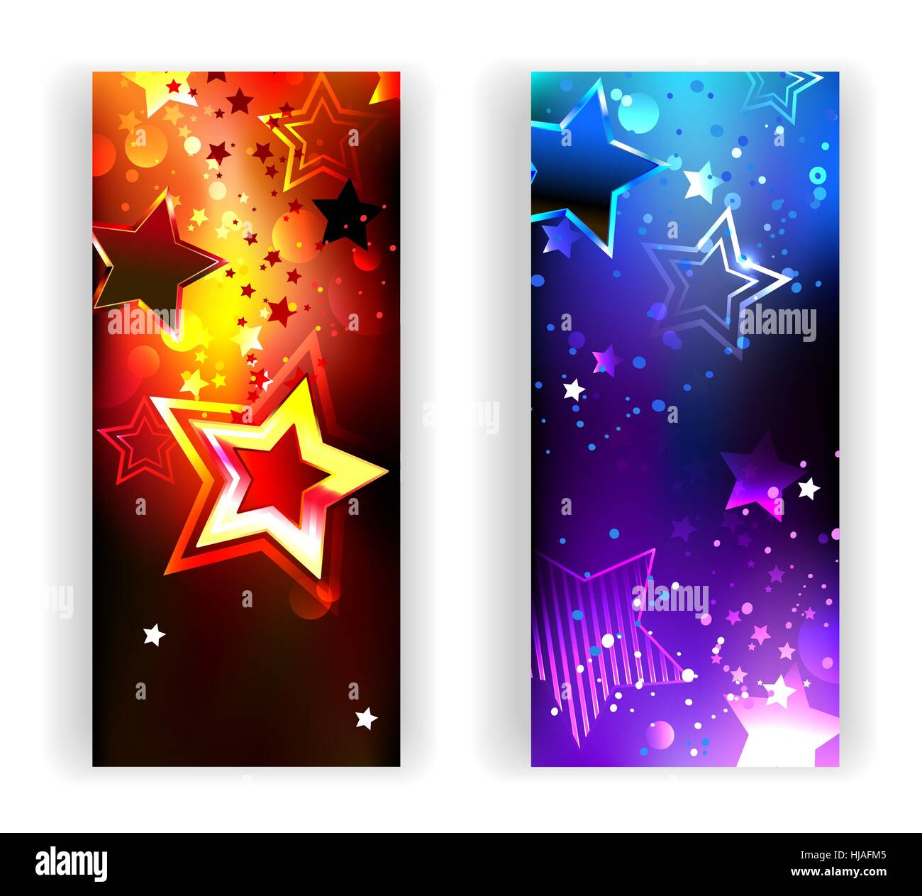 Zwei Banner mit hellen abstrakten heiß und kalt, leuchtende Sterne auf einem dunklen Hintergrund. Entwerfen Sie mit Sternen. Design für eine Party. Helle Farbe. Stock Vektor