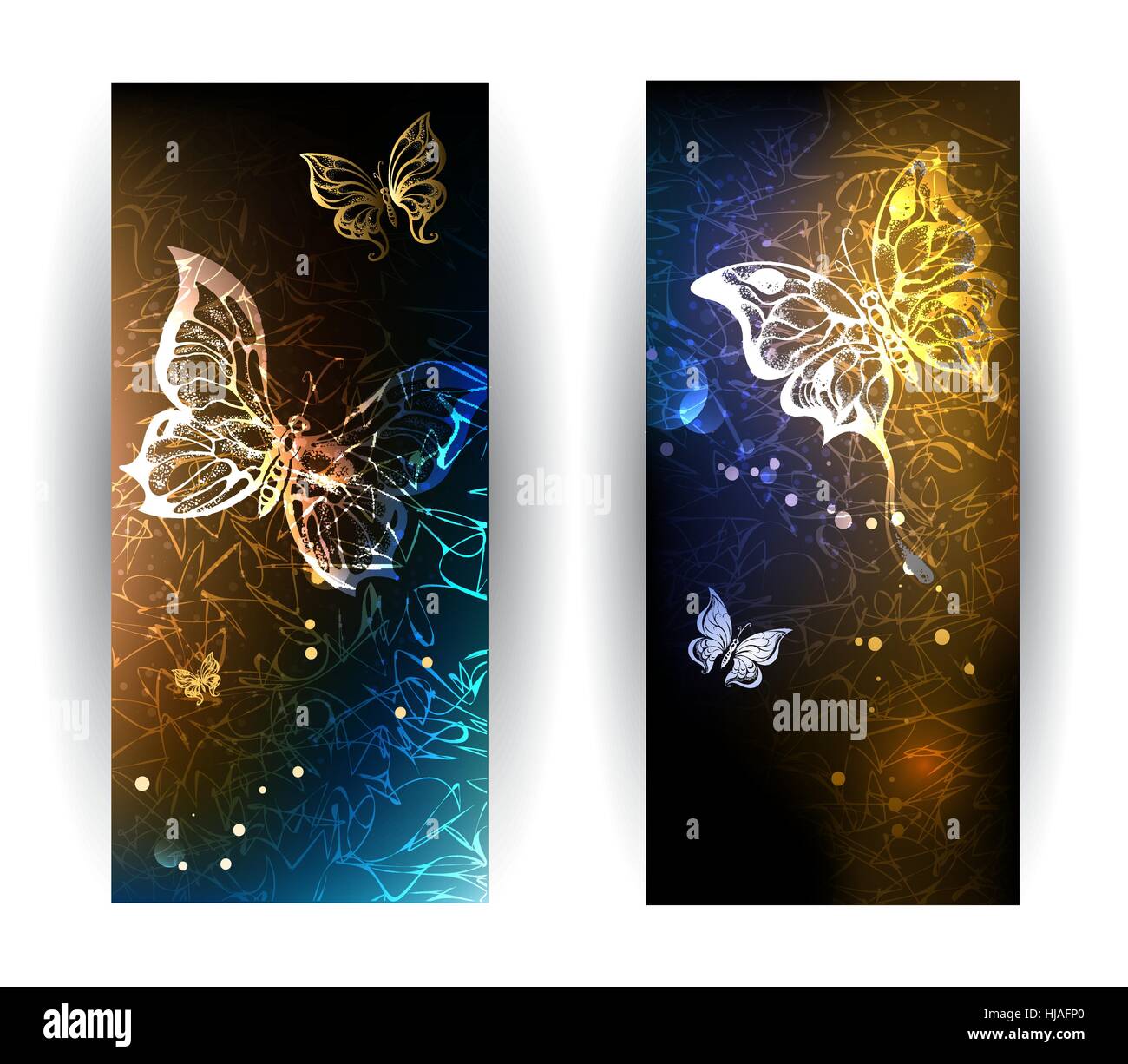 zwei vertikale Banner mit glühenden nachtaktiven Schmetterlinge auf einem schwarzen Hintergrund. Stock Vektor