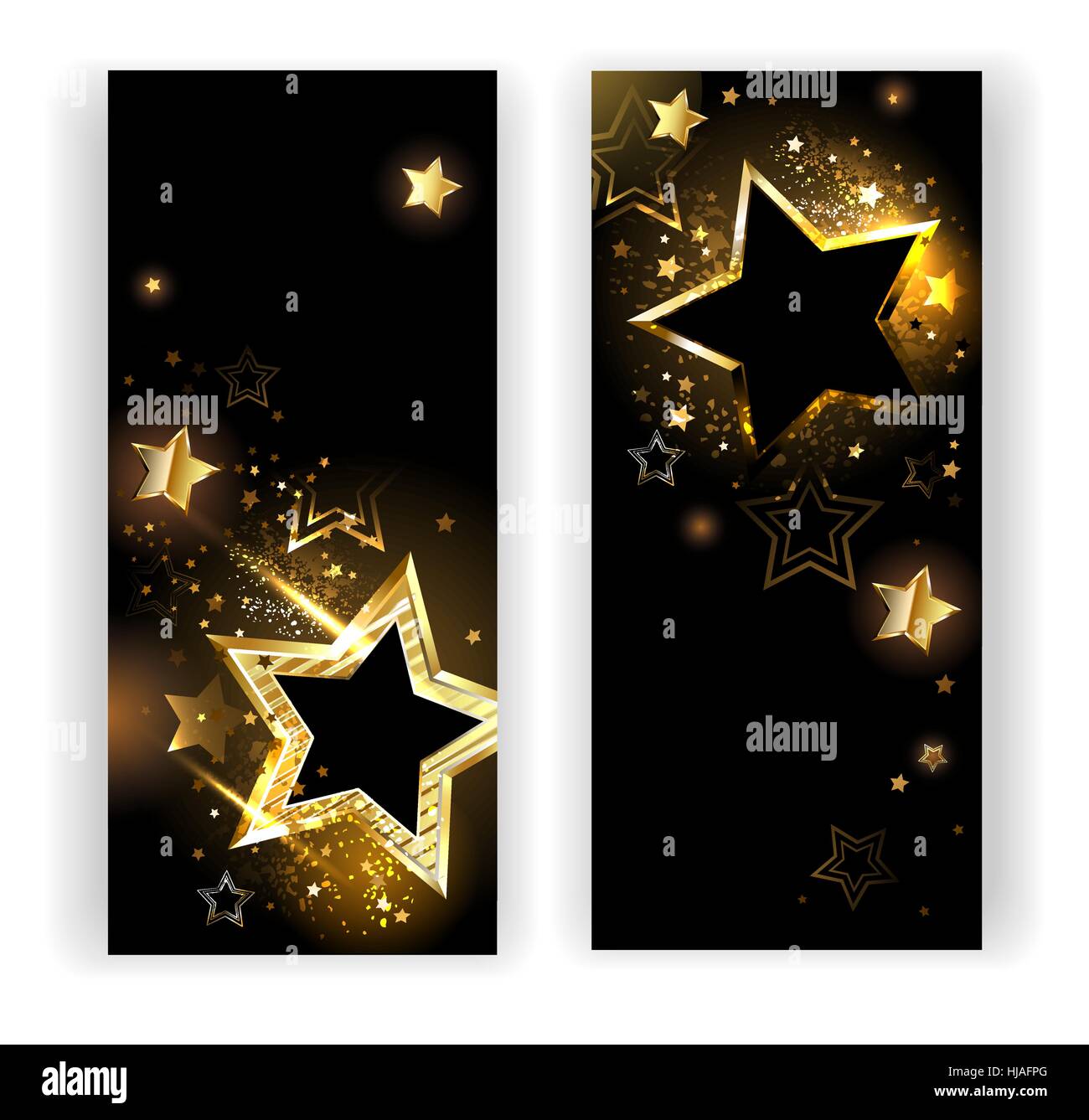 zwei vertikale Banner mit glänzenden goldenen Sternen auf einem schwarzen Hintergrund. Stock Vektor