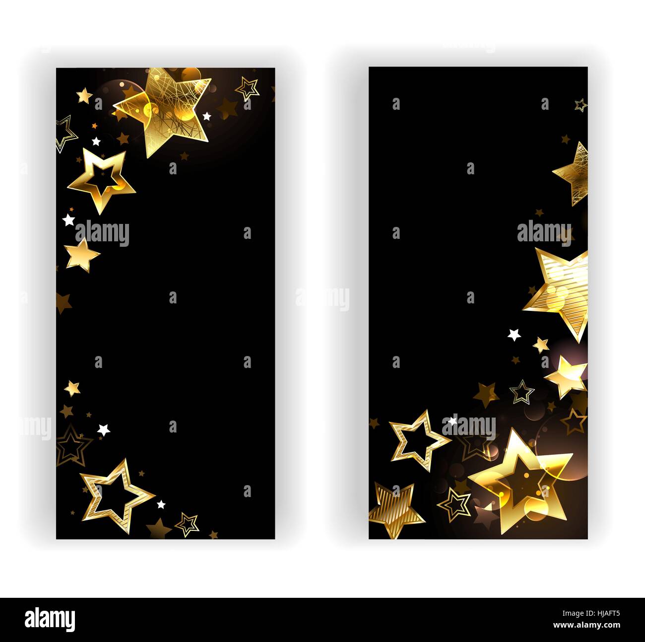 Zwei Banner mit kleinen, glänzenden goldenen Sternen auf einem schwarzen Hintergrund. Design mit goldenen Sternen. Stock Vektor