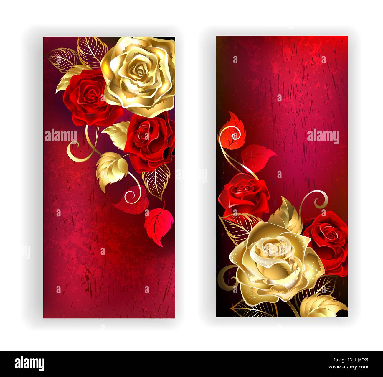 zwei Banner mit gold und rote Rosen auf rotem Hintergrund Textur. Design mit Rosen. Goldene Rose. Stock Vektor