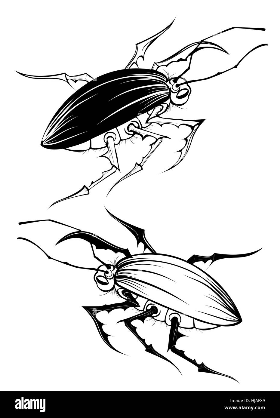 zwei kunstvoll gezeichnete, Kontur, beängstigend Bugs auf weißem Hintergrund. Stock Vektor