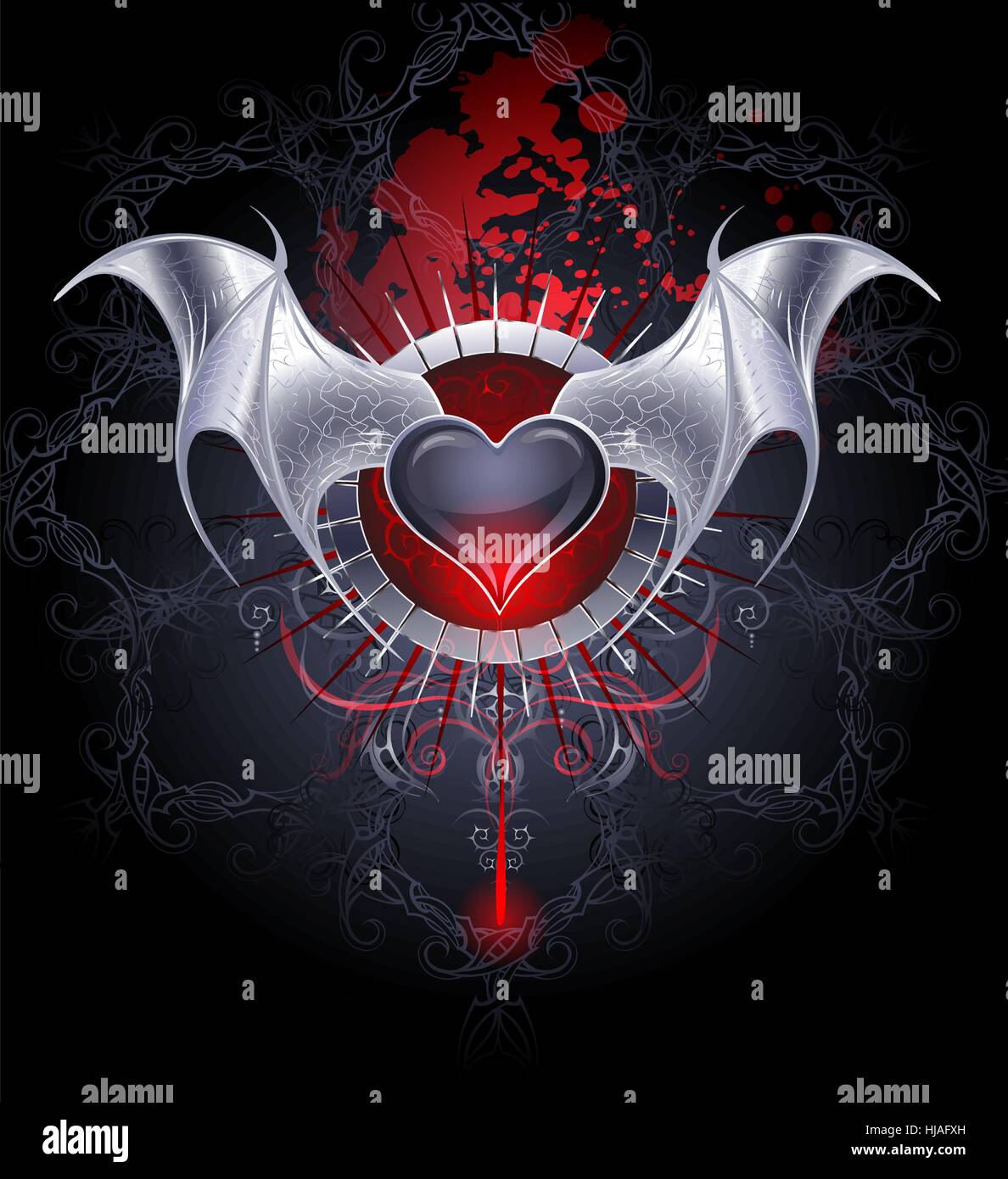 schwarzer Vampir Herz mit silbernen Flügeln auf einem schwarz gemusterten Hintergrund mit Blutstropfen. Stock Vektor
