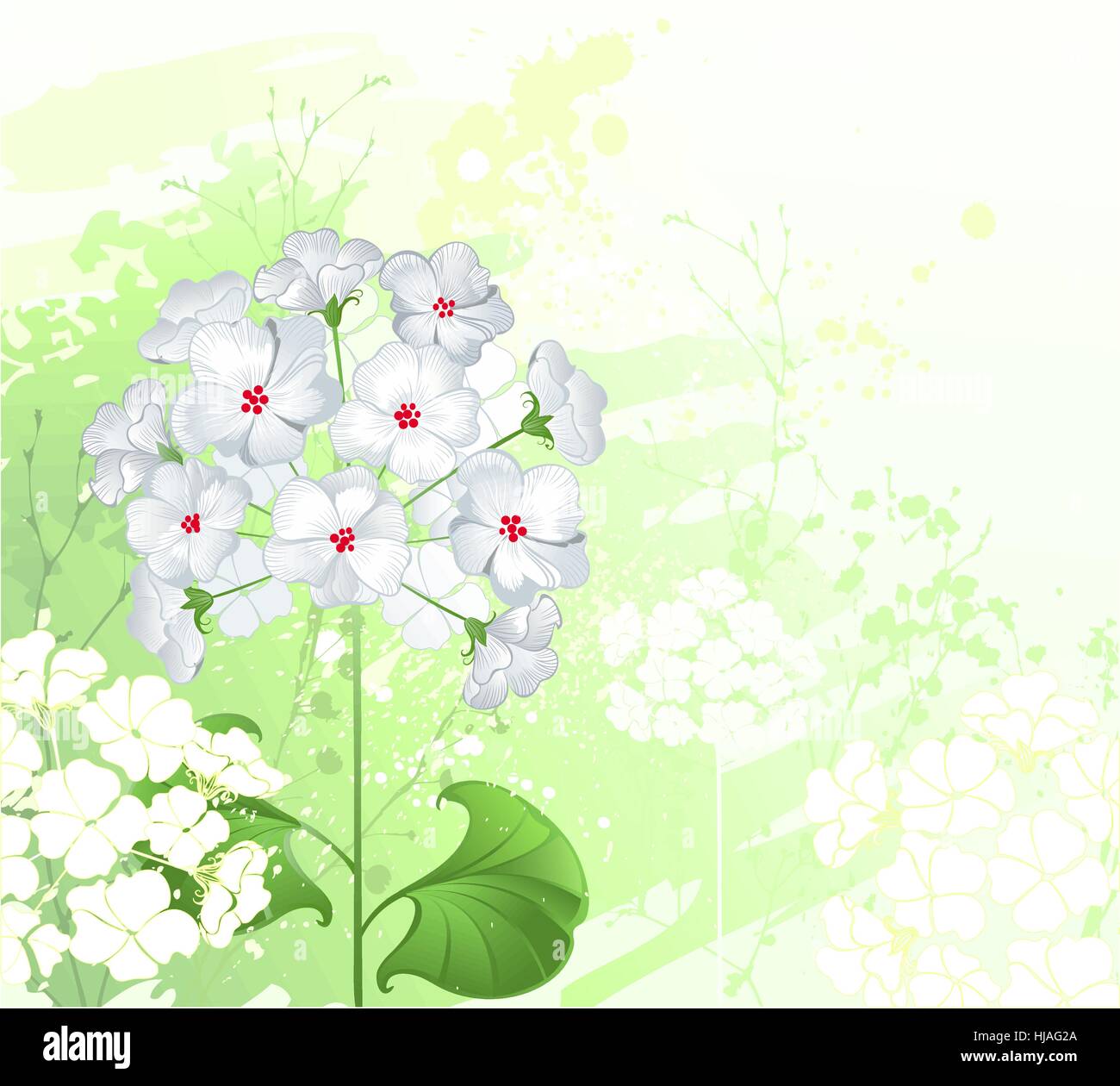 kunstvoll bemalte, weiße Blüten mit grünen Wildpflanzen. Stock Vektor