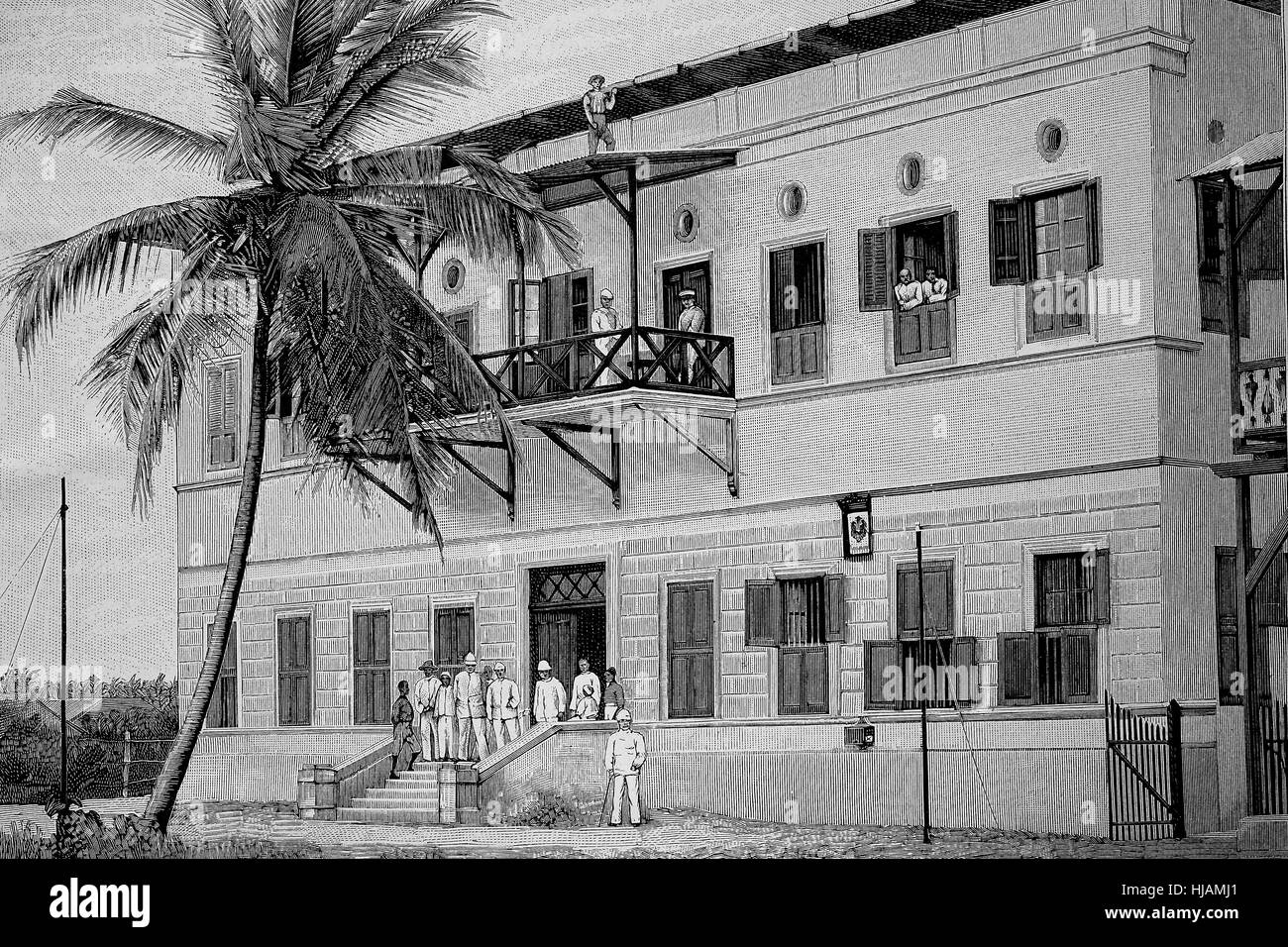 das Postamt in Dar-es-Salaam, Tansania, ehemaligen deutschen Ost-Afrika, Geschichtsbild oder Illustration aus dem Jahr 1894, digital verbessert Stockfoto