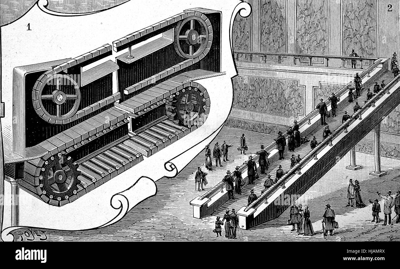 Förderband, automatische Treppe für Menschen im Bahnhof Cortland Street, New York, Amerika, historisches Bild oder einer Zeichnung aus dem Jahr 1894, digital verbessert Stockfoto