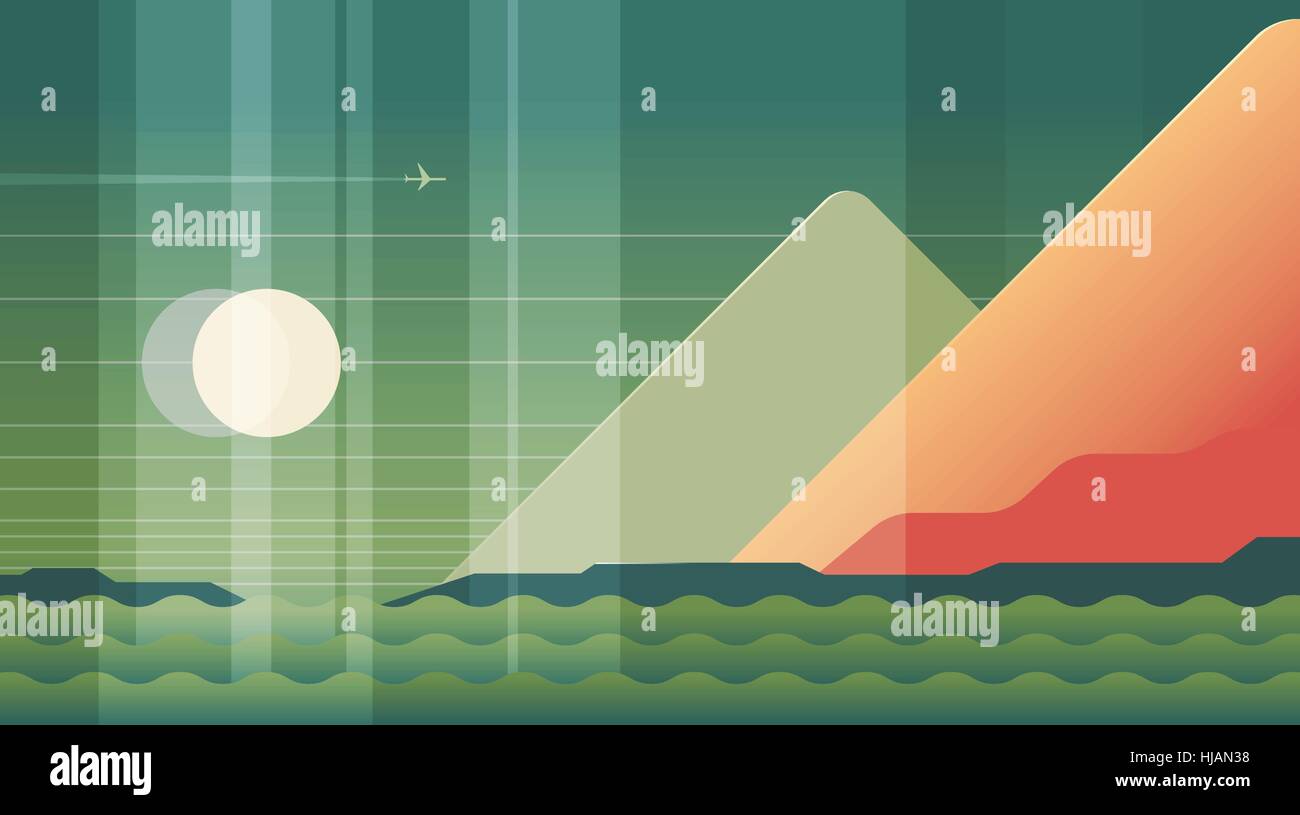 Berge, Meer und Ebene Landschaft - moderne flache Design-Darstellung Stock Vektor