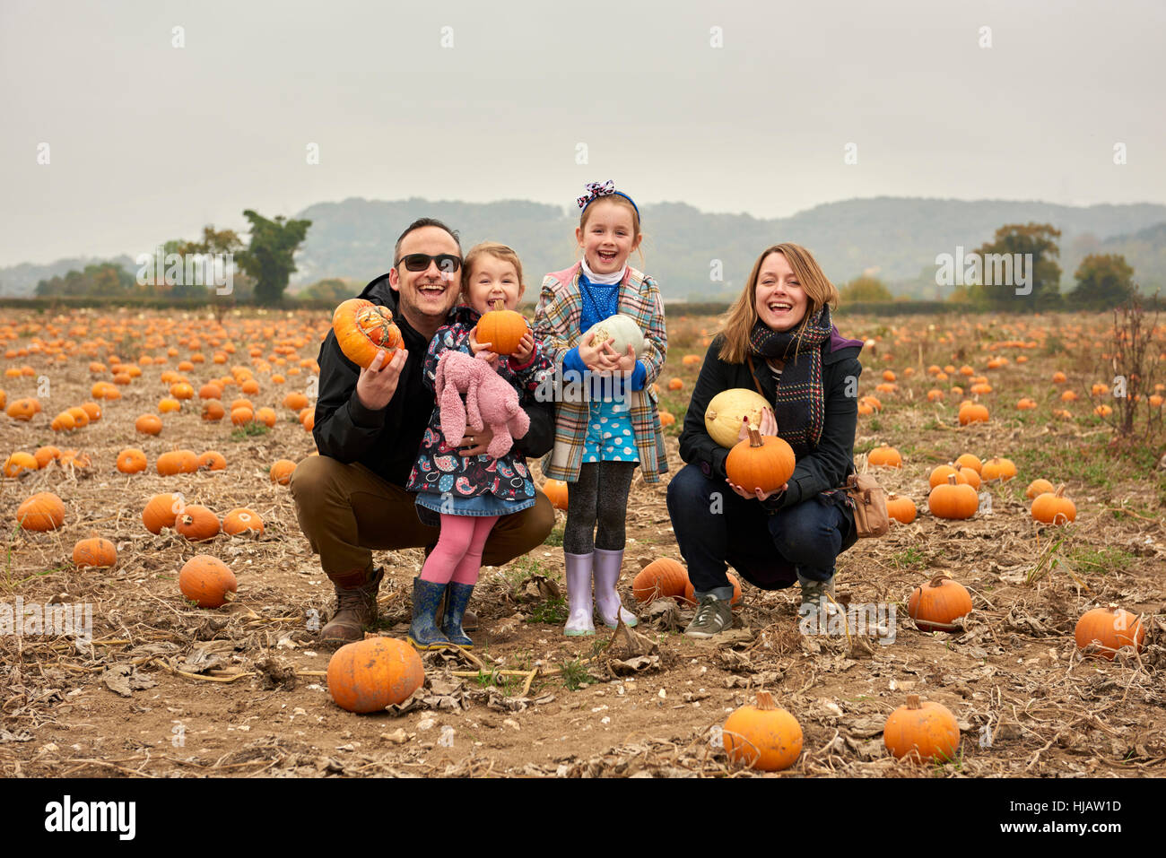 Porträt von Eltern und zwei Töchtern in Kürbis Feld hocken Stockfoto