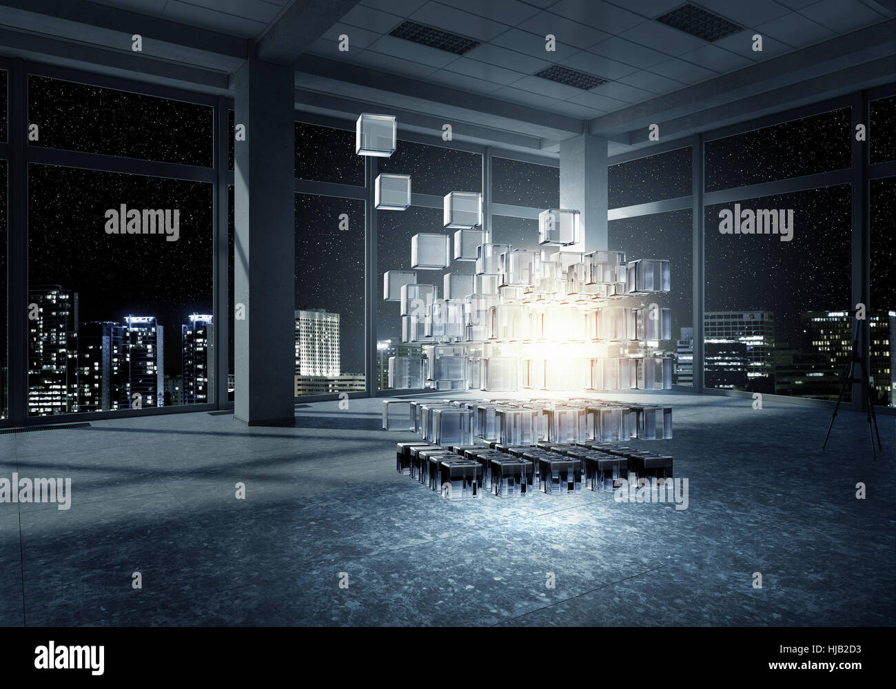 Bürofenster im Nacht und digitale cube Stockfoto