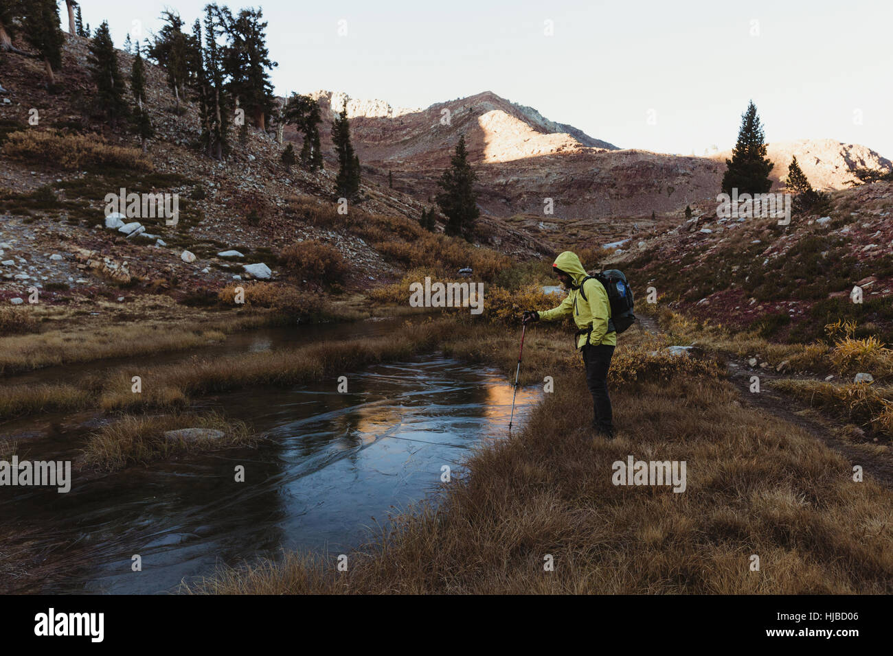 Männliche Wanderer den Blick auf See, Mineral King, Sequoia Nationalpark, Kalifornien, USA Stockfoto