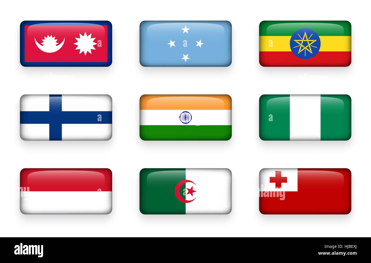 Satz der Welt Fahnen Rechteck Tasten (Nepal. Mikronesien. Äthiopien. Finnland. Indien. Nigeria. Monaco. Algerien. Tonga) Stockfoto