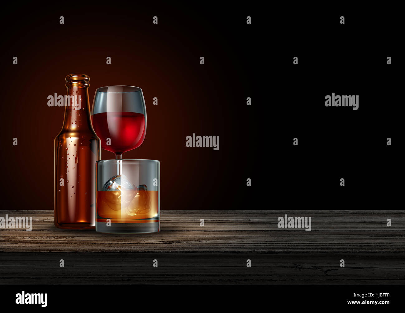 Alkohol auf einen Balken auf schwarzem Hintergrund als eine Flasche Bier Wein und ein Glas Schnaps als Whisky oder Scotch als Trink- oder Alkoholismus Konzept als Stockfoto