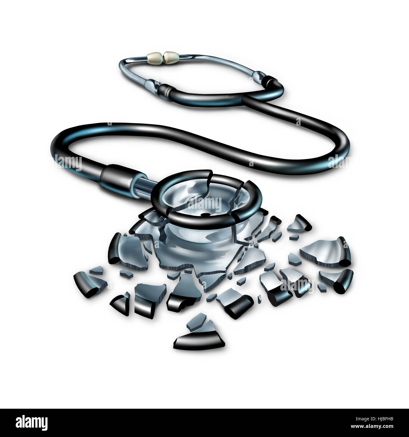 Gebrochene Gesundheitswesen Konzept und beschädigte Patienten Krankenversicherung als eine zerbrochene fragmentierten Arzt Stethoskop auf einem weißen Hintergrund als ein 3D illus Stockfoto