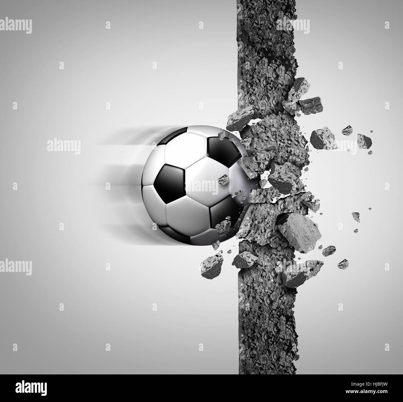 Fußball macht und Stärke der europäischen Fußball als Sport Ausrüstung Ball zu durchbrechen und Zerkleinern einer Betonmauer als Sieg und stärkste champion Stockfoto