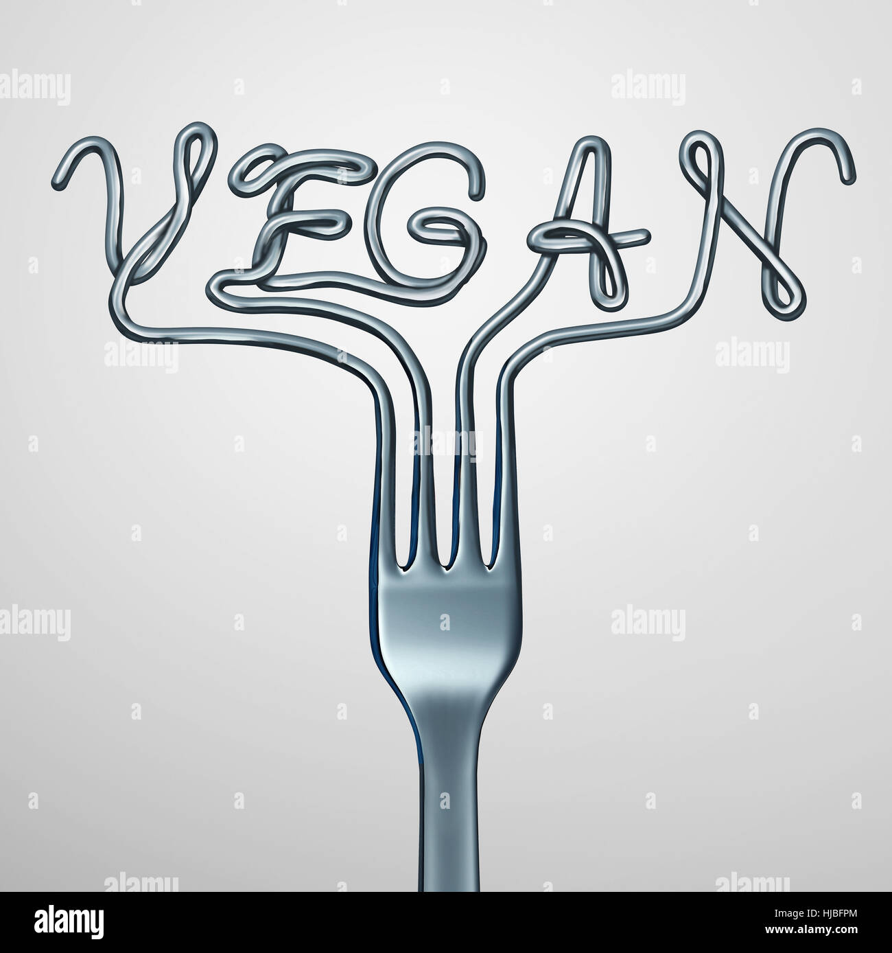 Vegan-Gabel mit einem Textsymbol für eine vegetarische Ernährung Konzept als ein Küchengerät, frische grüne Nutritios Pflanze darstellt basierte Lebensmittel zu essen, wie ein 3D Stockfoto