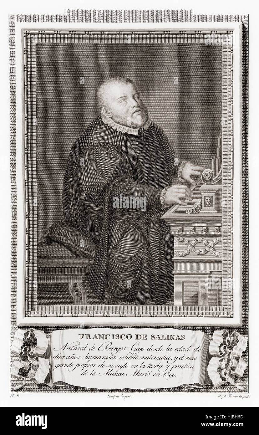 Francisco de Salinas, 1513 – 1590.  Spanischen Musiktheoretiker und Organist.  Nach einer Radierung in Retratos de Los Españoles Ilustres veröffentlicht Madrid, 1791 Stockfoto