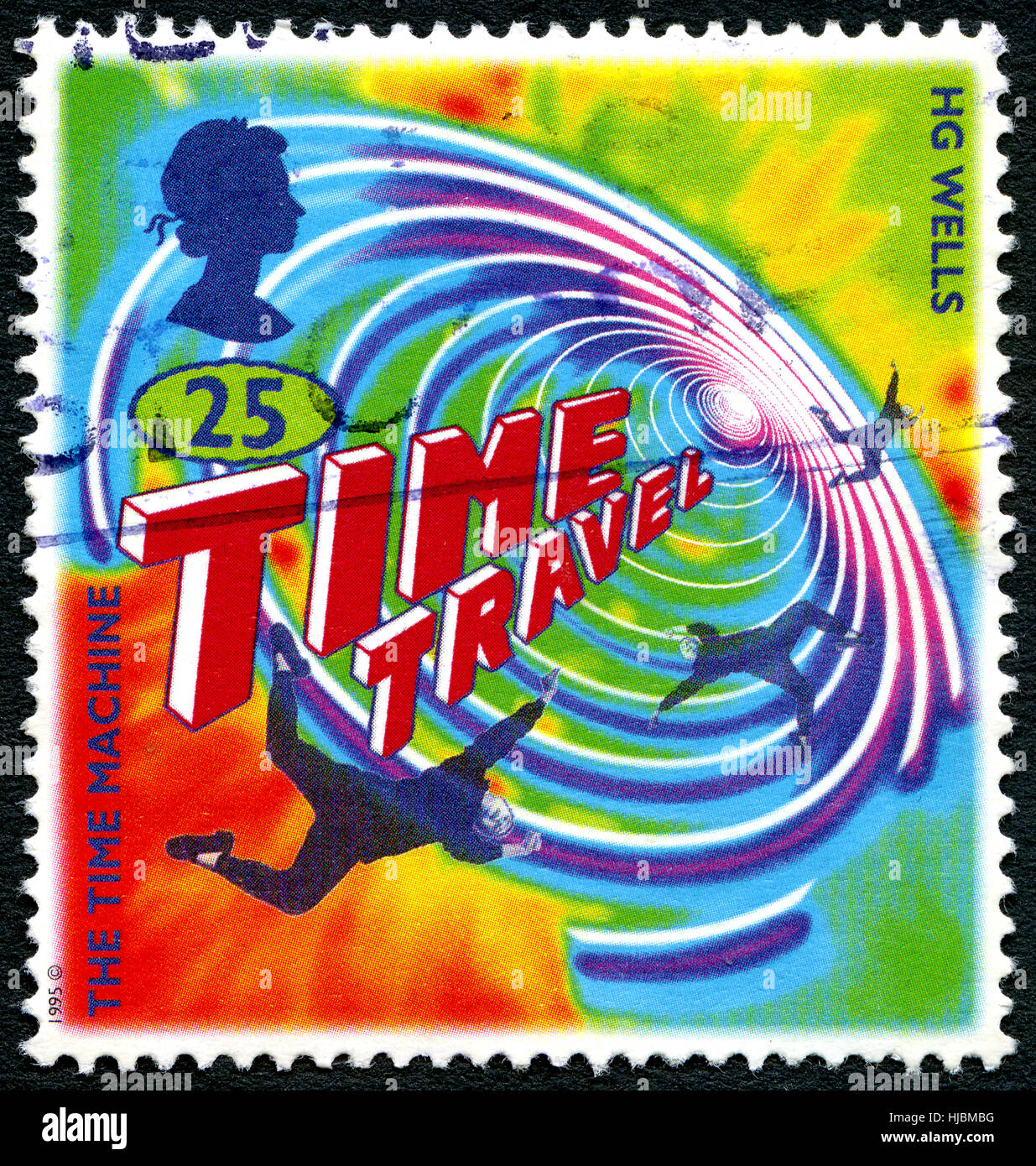 Großbritannien - ca. 1995: Zum Gedenken an die HG Wells Science-Fiction-Roman mit dem Titel The Time Machine eine gebrauchte Briefmarke aus dem Vereinigten Königreich, in 18 veröffentlicht Stockfoto