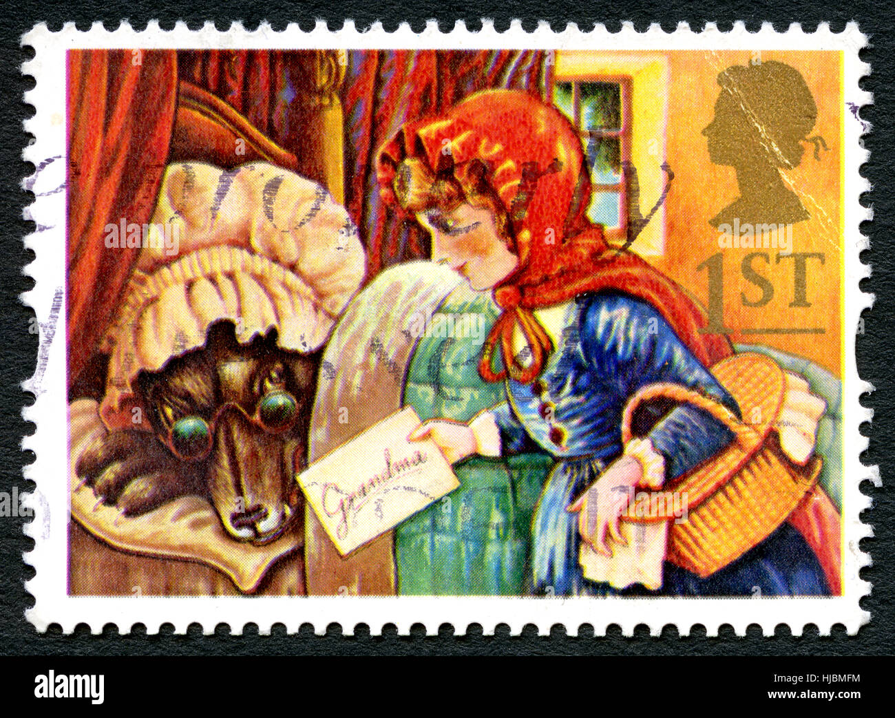 Großbritannien - CIRCA 1994: Eine gebrauchte Briefmarke aus dem Vereinigten Königreich, Darstellung einer Illustration aus der Little Red Riding Hood Volkssage, circa 1994. Stockfoto
