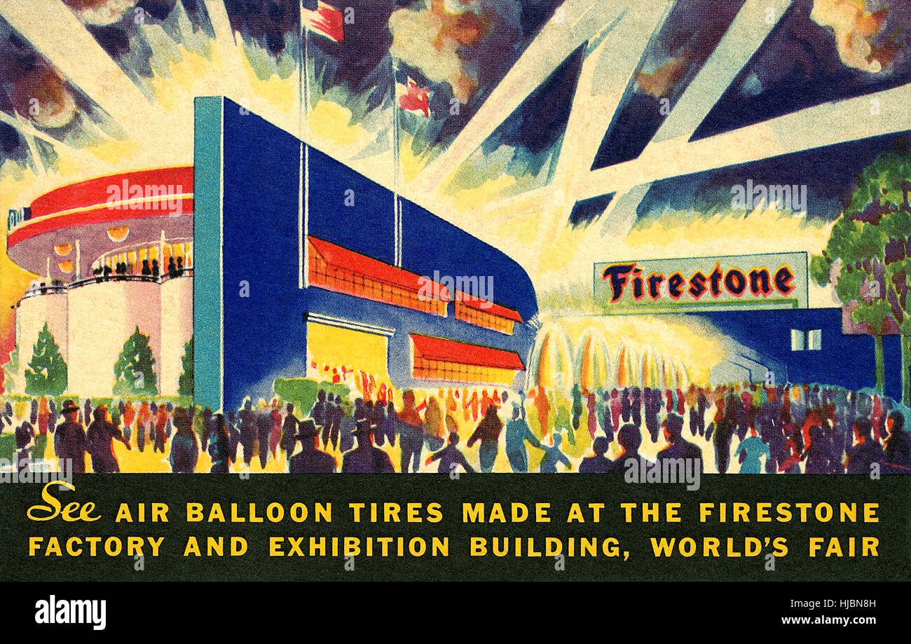 US-Postkarte von der Firestone-Stand auf der Weltausstellung in Chicago 1933-34 Stockfoto