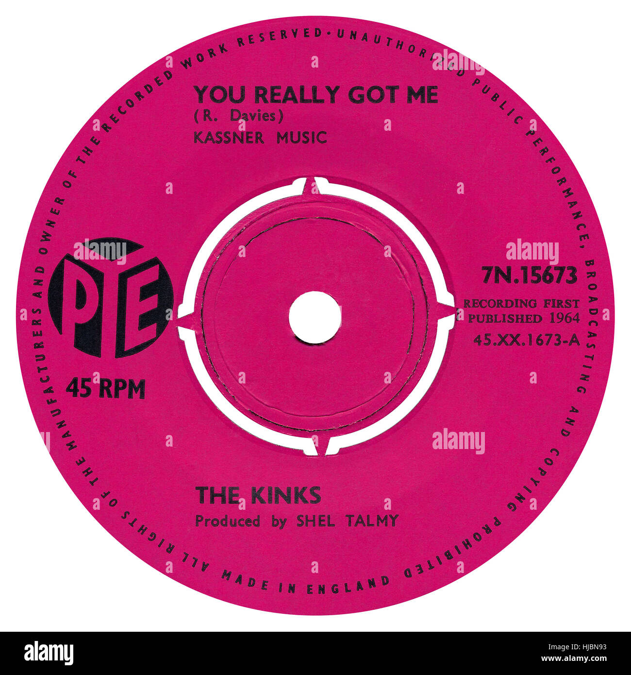 45 u/min 7' UK Plattenlabel von You Really Got Me von The Kinks auf die Pye label aus 1964 Stockfoto