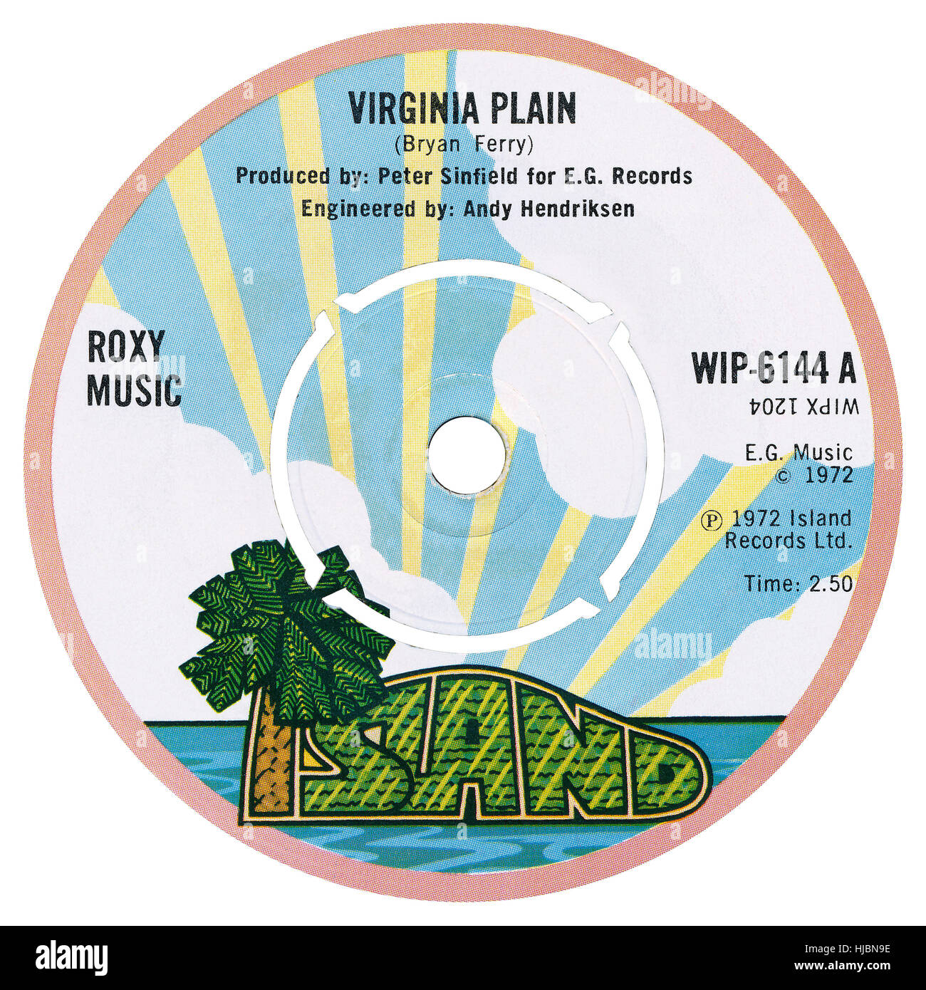 45 u/min 7' UK Plattenlabel Virginia Plain von Roxy Music auf dem Insel-Etikett von 1972 Stockfoto