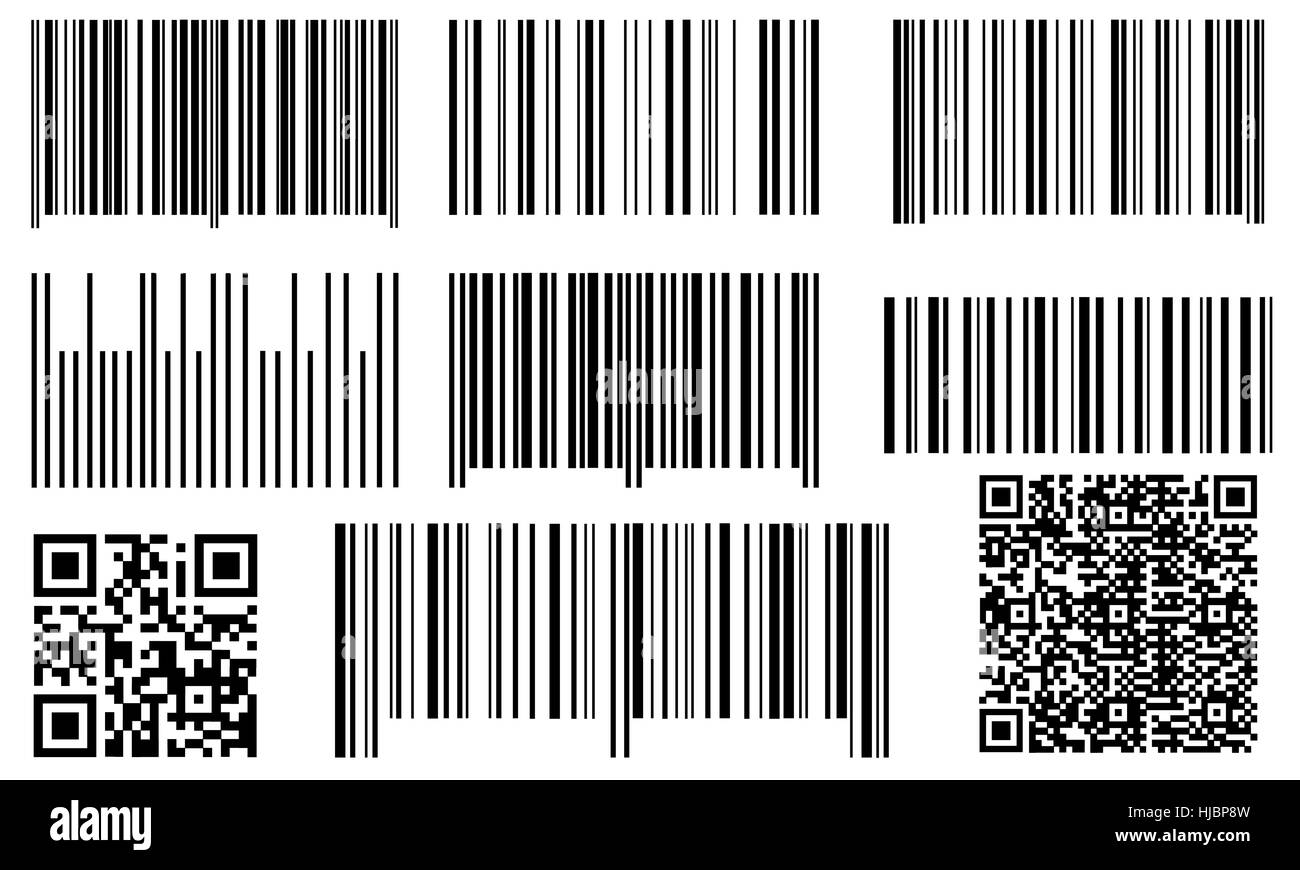 Satz von Barcodes und QR-Codes isoliert Stockfoto
