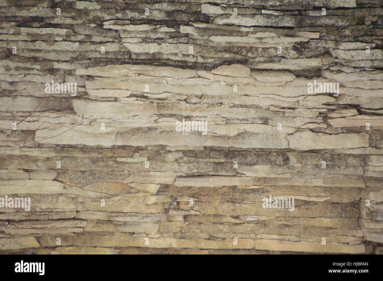 Eine Felswand Hintergrund aus verwitterten sedimentären Kalkstein mit Risse drin. Stockfoto