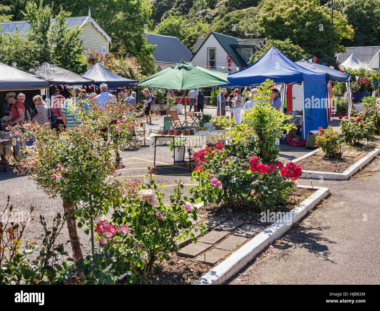 Bauernmarkt in Akaroa, Canterbury, Neuseeland. Stockfoto