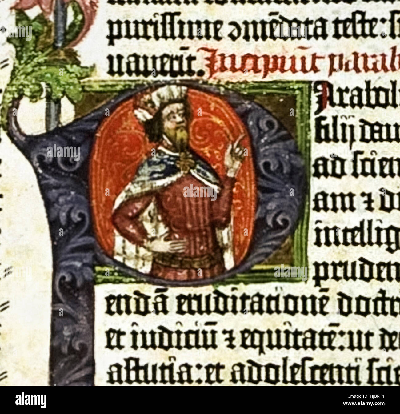 Beleuchtete Porträt von König Solomon von den Buchstaben "P" aus der "Gutenberg-Bibel" das erste massenproduzierte Buch gedruckt von Johann Gutenberg 1455 in Mainz, Deutschland. Siehe Beschreibung für mehr Informationen. Stockfoto
