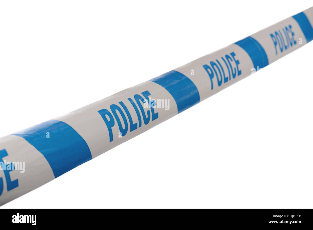 Blaue und weiße Linie tun nicht Cross Tape Polizeiabsperrung am Winkel Isolat don einen weißen Hintergrund Stockfoto
