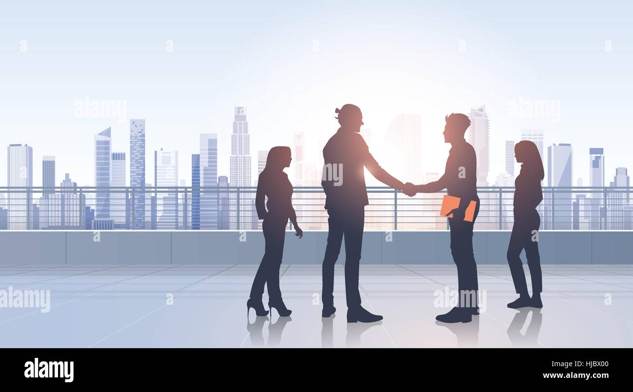 Business Leute Gruppe treffen Vereinbarung Hand Shake Silhouetten moderne City View Bürogebäude Stock Vektor