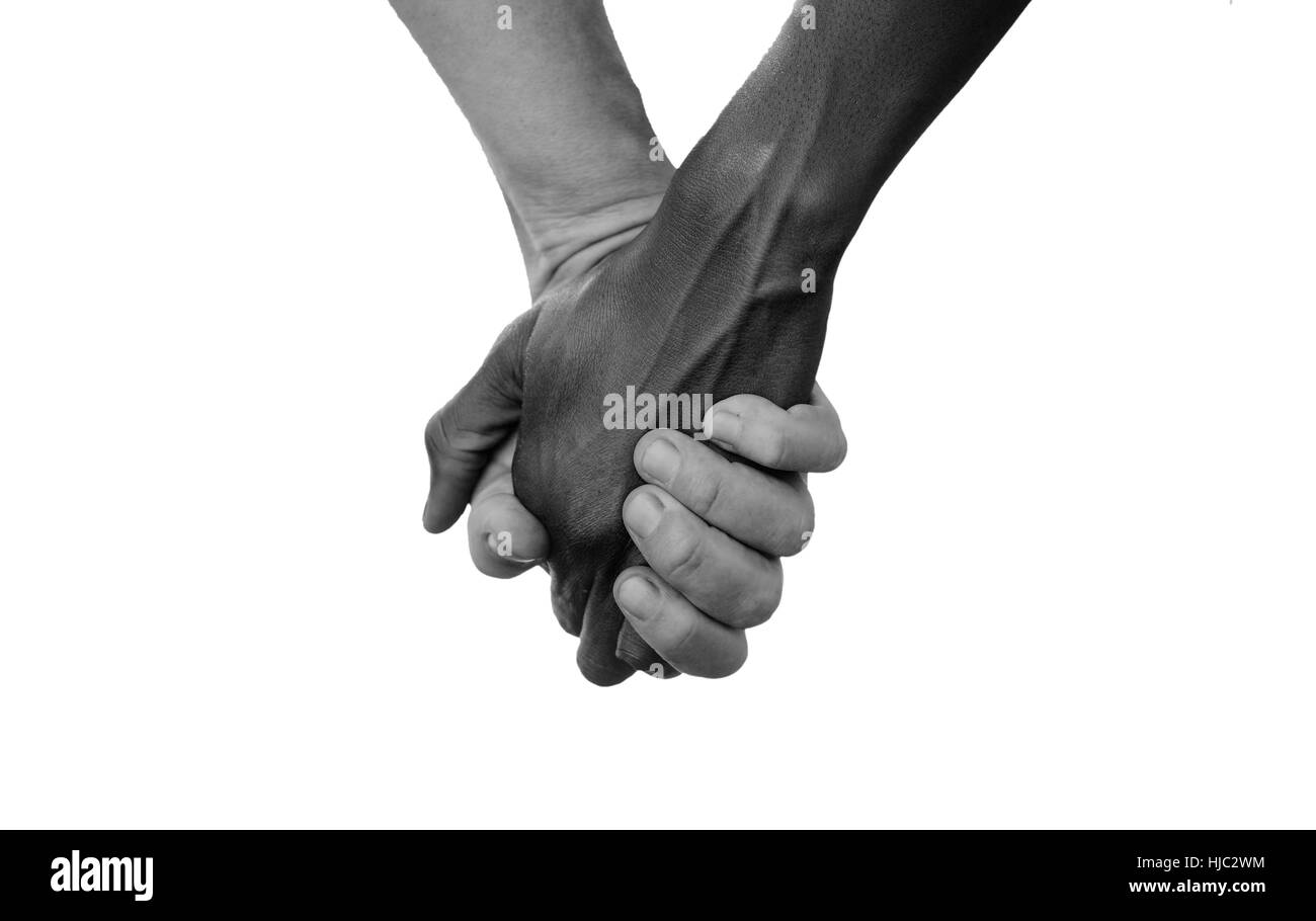 Schwarz / weiß halten Hände für Afrika Union Peace Love. Eine schöne Aufnahme mit vielen möglichen Hintergrund Symbole. Nein zu Rassismus! Weiße Frau hält han Stockfoto