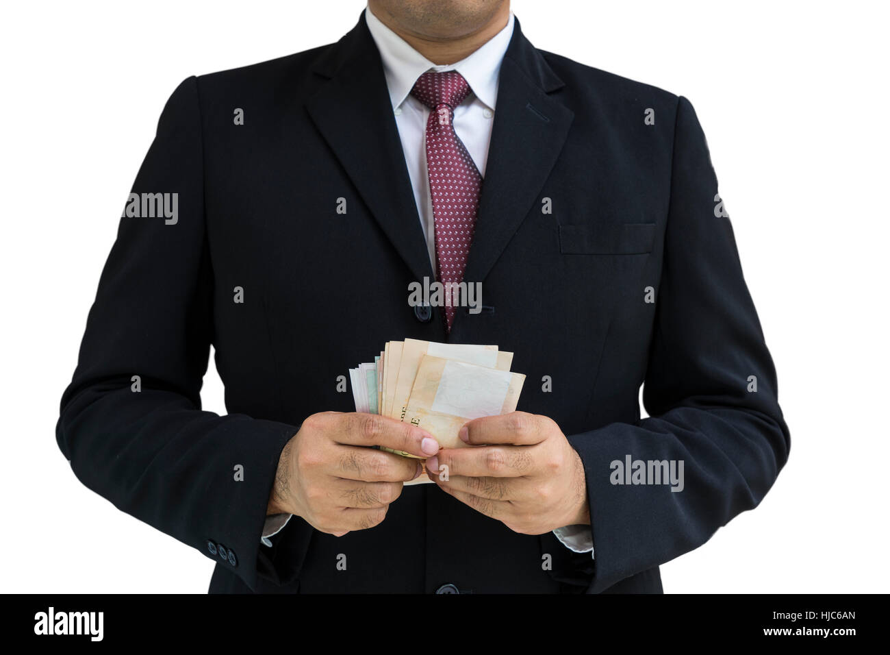Geschäftsmann und rote Krawatte schwarzen Anzug Graf und halten Geld können auf Isolat - anzeigen oder die montage auf Produkt Stockfoto