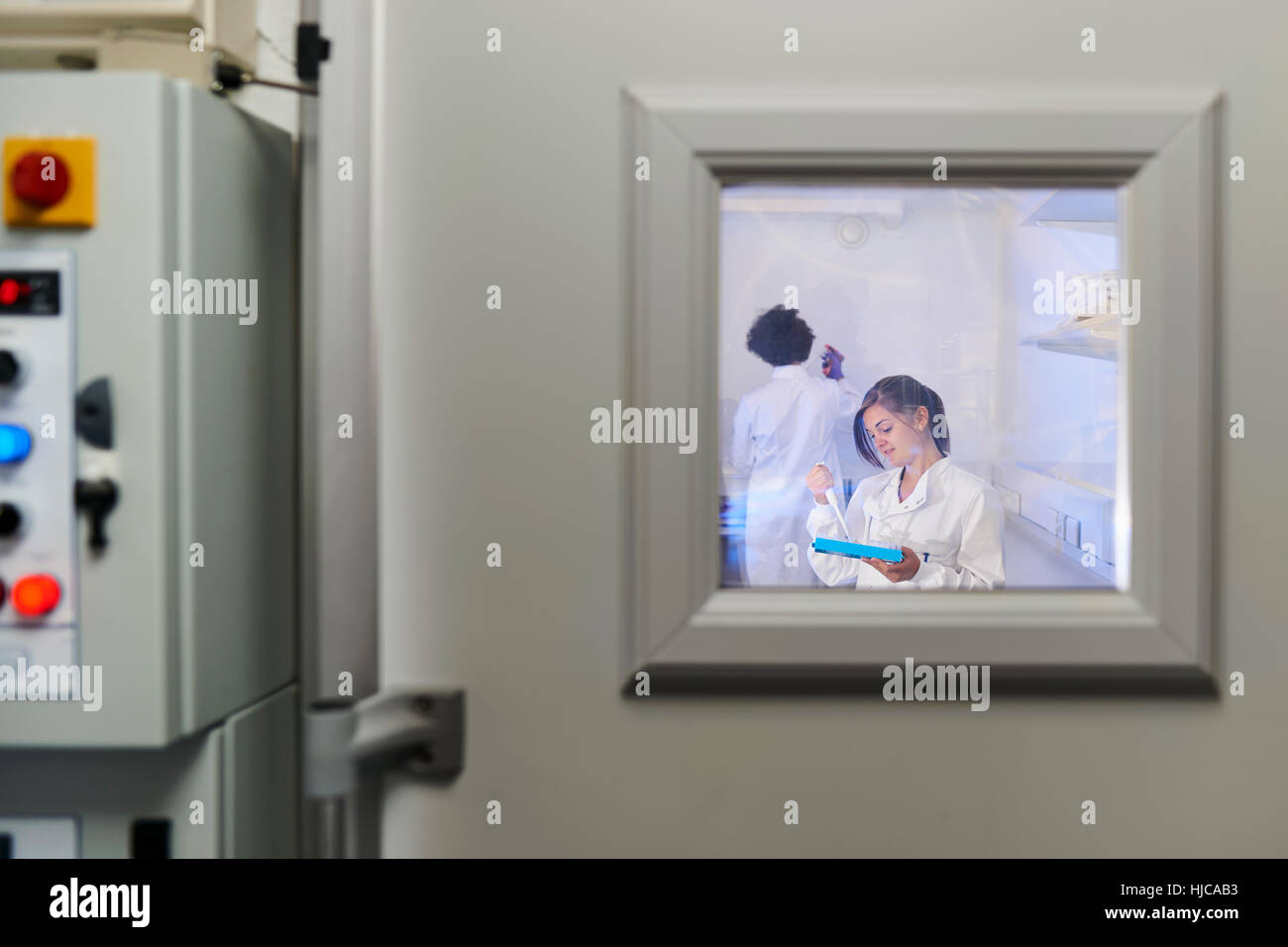 Blick durchs Fenster von Wissenschaftlern im Labor Stockfoto