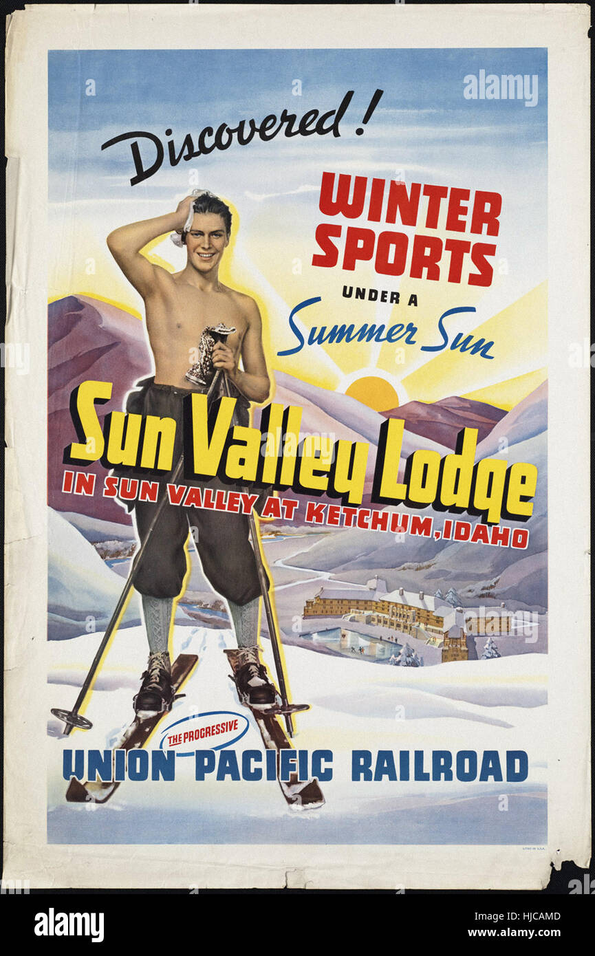 Entdeckt! Wintersport in der Sommersonne. Sun Valley Lodge in Sun Valley, Ketchum, Idaho - Vintage Reise Poster der 1920er Jahre der 1940er-Jahre Stockfoto