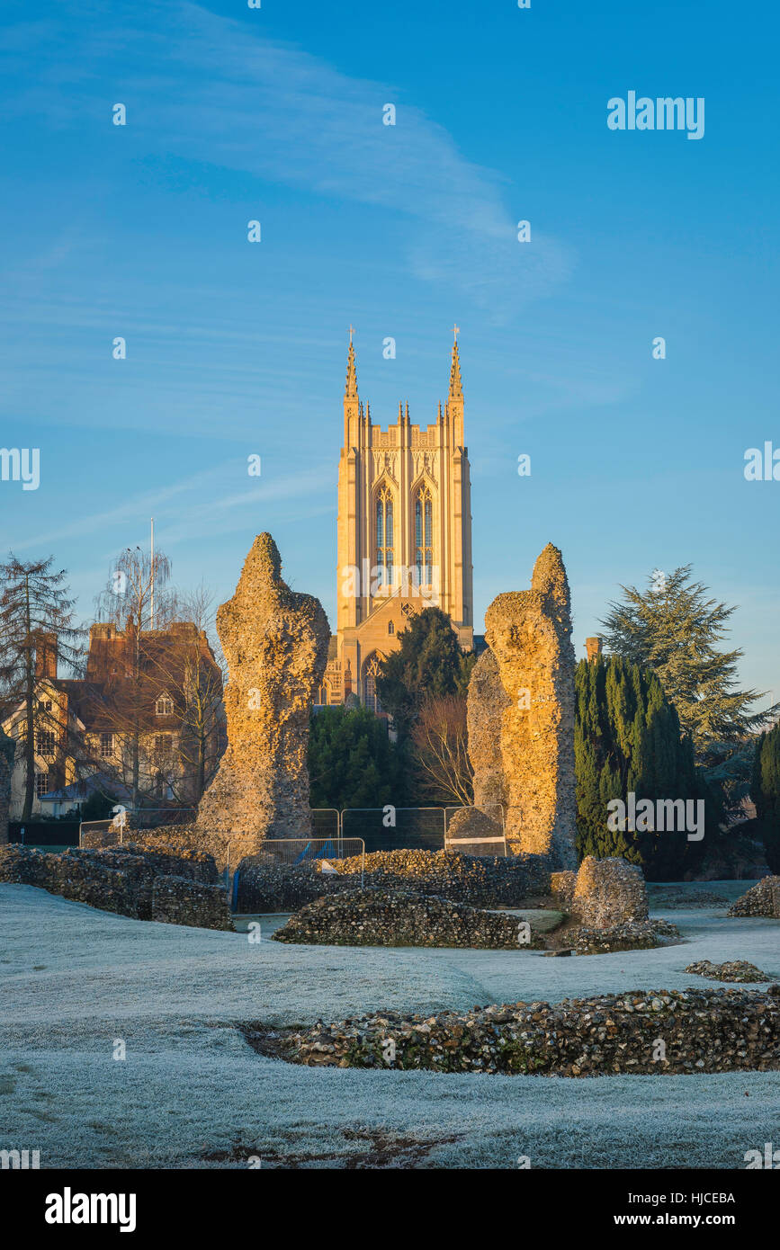 Winter in Großbritannien Suffolk, Blick auf die Ruine der mittelalterlichen Klosteranlage in Bury St Edmunds mit St. Edmundsbury Dom im Hintergrund, Winter, Suffolk Stockfoto