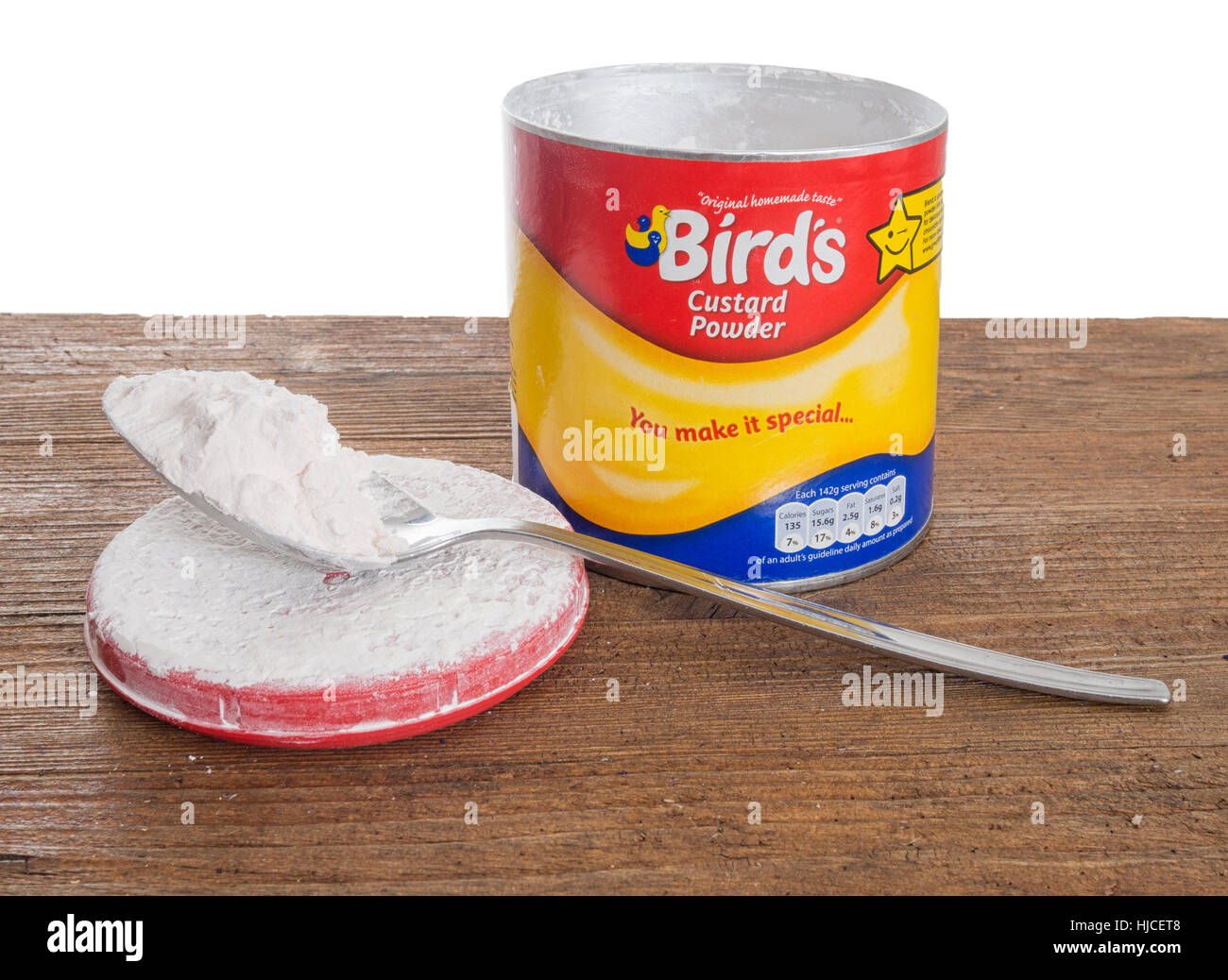 Vögel-Puddingpulver. Maismehl basierten Produkt. Ohne Ei. Stockfoto