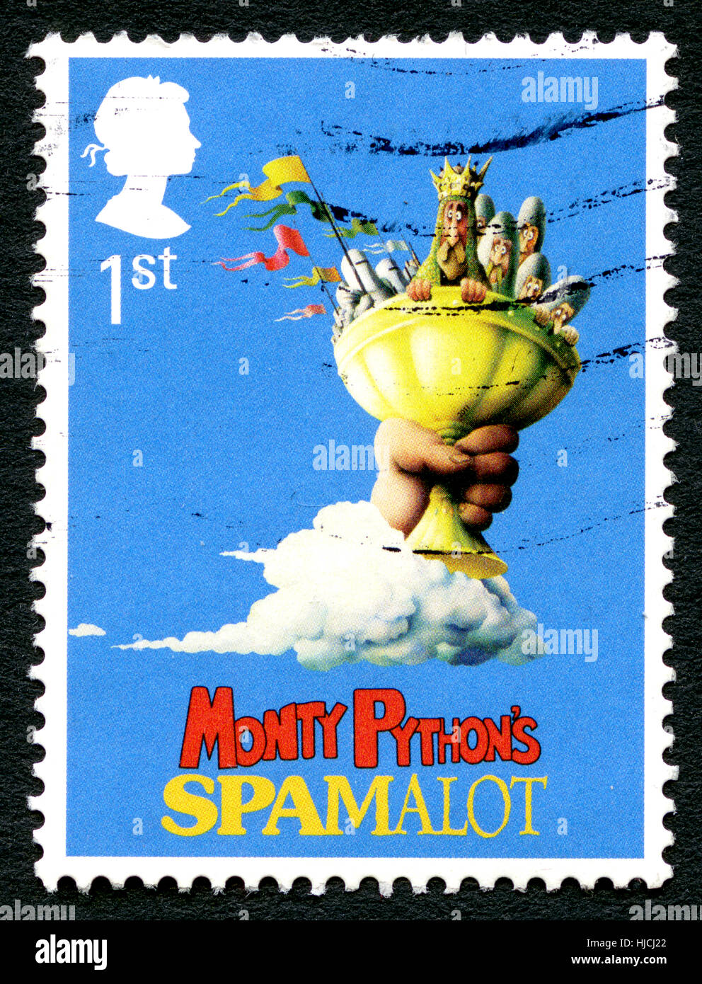 Vereinigtes Königreich - ca. 2011: Eine gebrauchte Briefmarke aus dem Vereinigten Königreich, Darstellung einer Illustration, die Förderung der "Spamalot" Musical-Komödie aus dem Film M angepasst Stockfoto