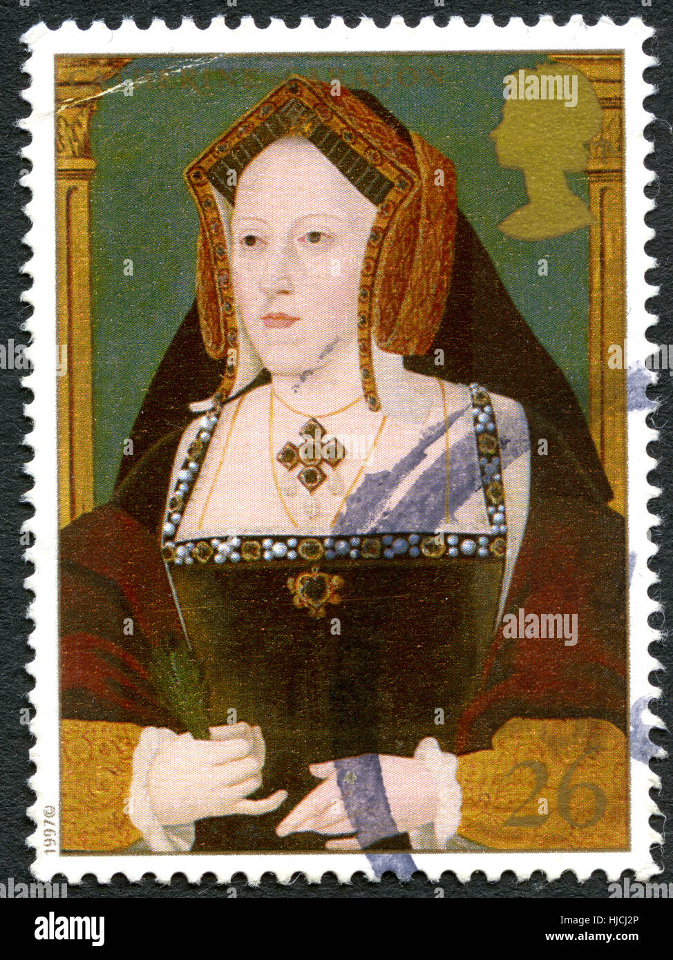 Vereinigtes Königreich - CIRCA 1997: Eine gebrauchte Briefmarke aus dem Vereinigten Königreich, Darstellung zur Veranschaulichung der Katharina von Aragón, die erste Gemahlin von König Henry VIII, ci Stockfoto