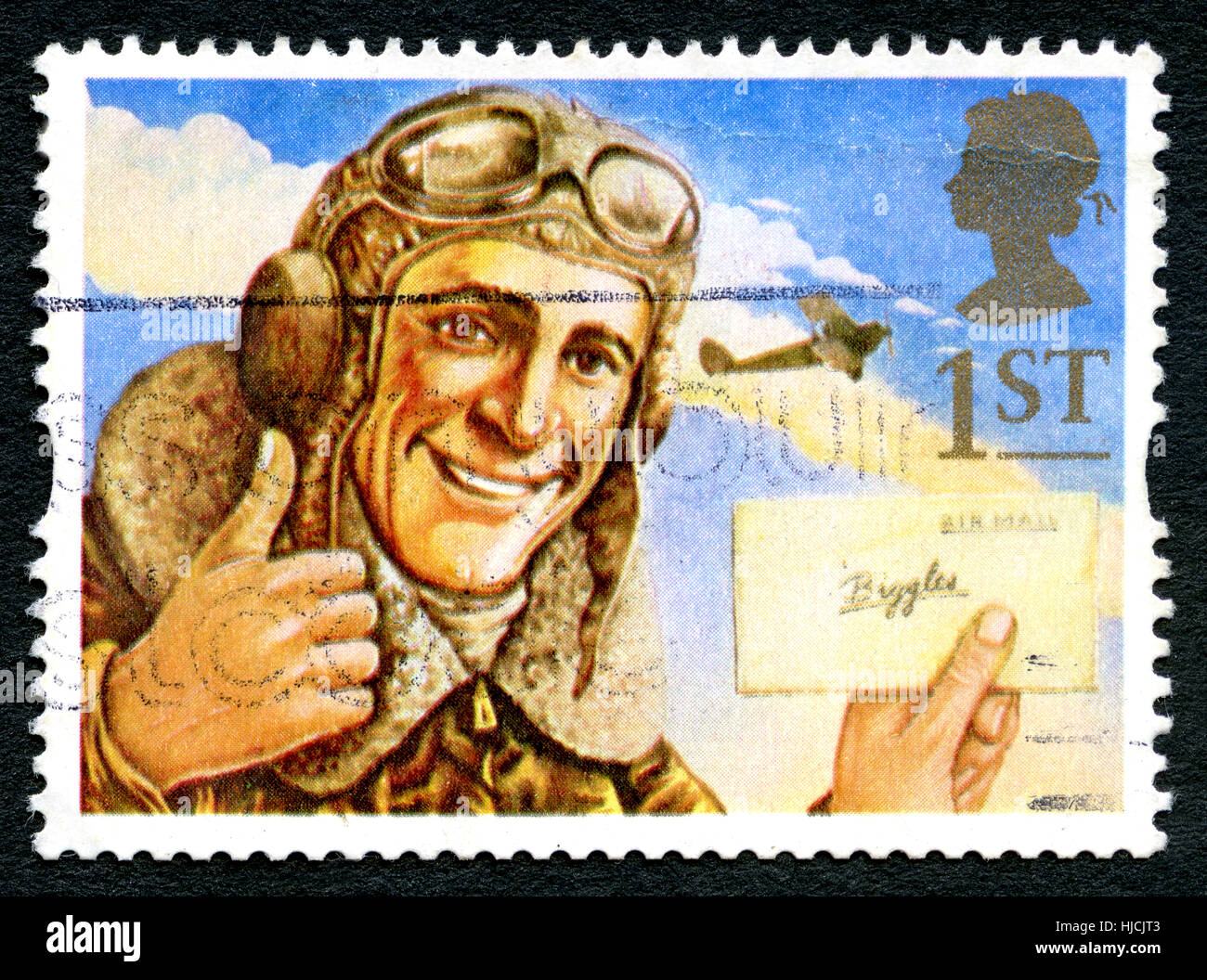 Großbritannien - CIRCA 1994: Eine gebrauchte Briefmarke aus dem Vereinigten Königreich, Darstellung zur Veranschaulichung der Kinder-Comic-Held Biggles, circa 1994. Stockfoto