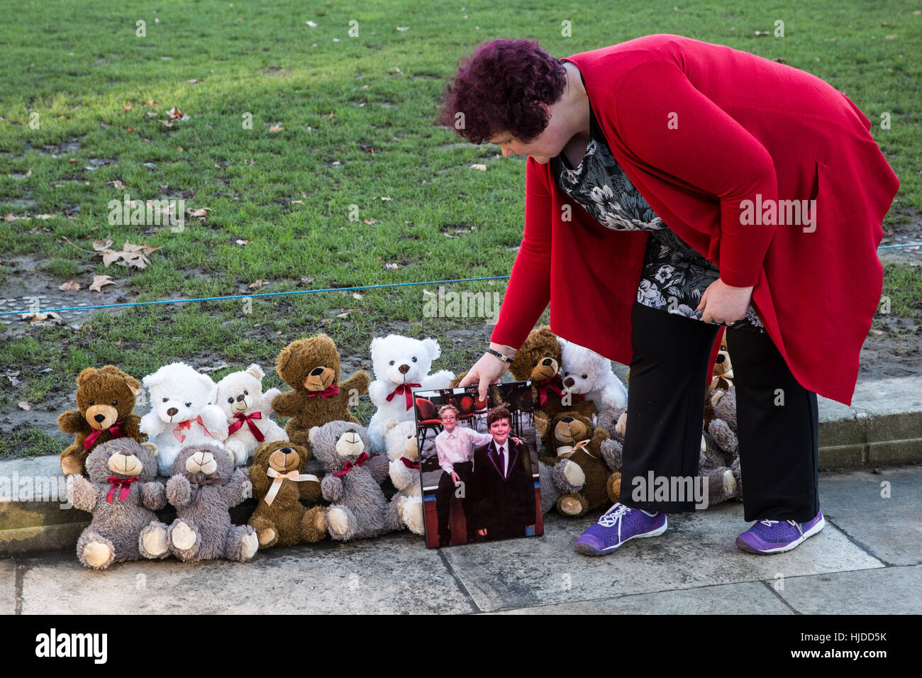 London, UK. 24. Januar 2017. Claire Throssell, deren Kinder von ihrem gewalttätigen Ex-Mann im Jahr 2014 getötet wurden, und dem ersten Kind anzeigen zwanzig Teddybären vor dem Parlament um die Kinder zu symbolisieren, die durch unsichere Kontakt mit einem gewalttätigen Elternteil gestorben sind. Erste Kind fordert ein Ende unsichere Kind Kontakt mit gefährlichen Tätern häuslicher Gewalt durch das Familiengericht Prozess. Bildnachweis: Mark Kerrison/Alamy Live-Nachrichten Stockfoto