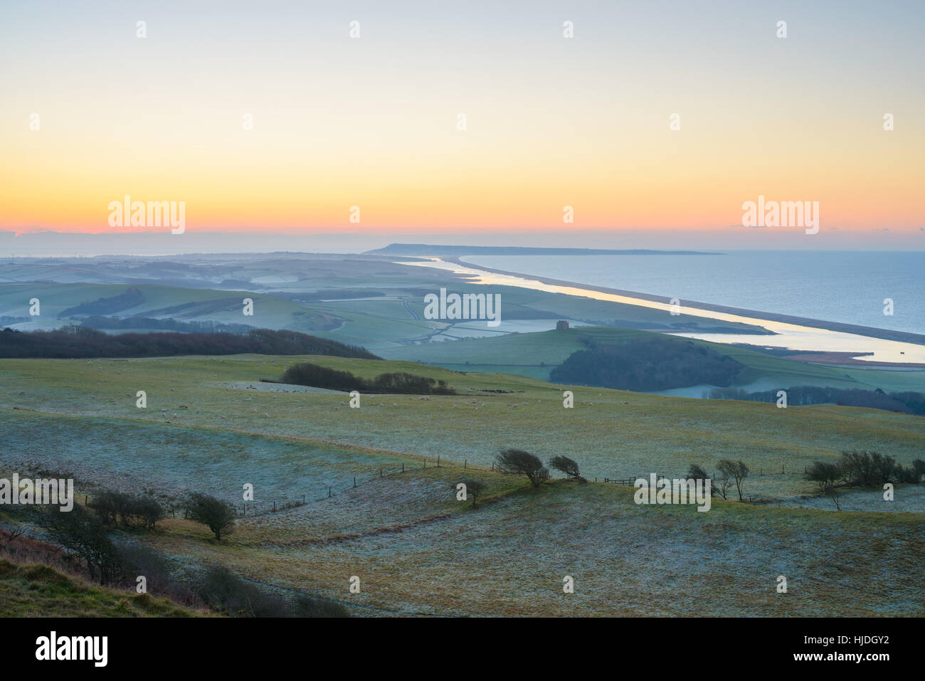 Klaren Sonnenaufgang von Abbotsbury Hügel, in der Nähe von Abbotsbury, Dorset, UK. 25. Januar 2017. Eine bunte Winter Sonnenaufgang von Abbotsbury Hügel mit Blick in Richtung Portland, The Fleet und Chesil Beach. © Dan Tucker/Alamy Live-Nachrichten Stockfoto